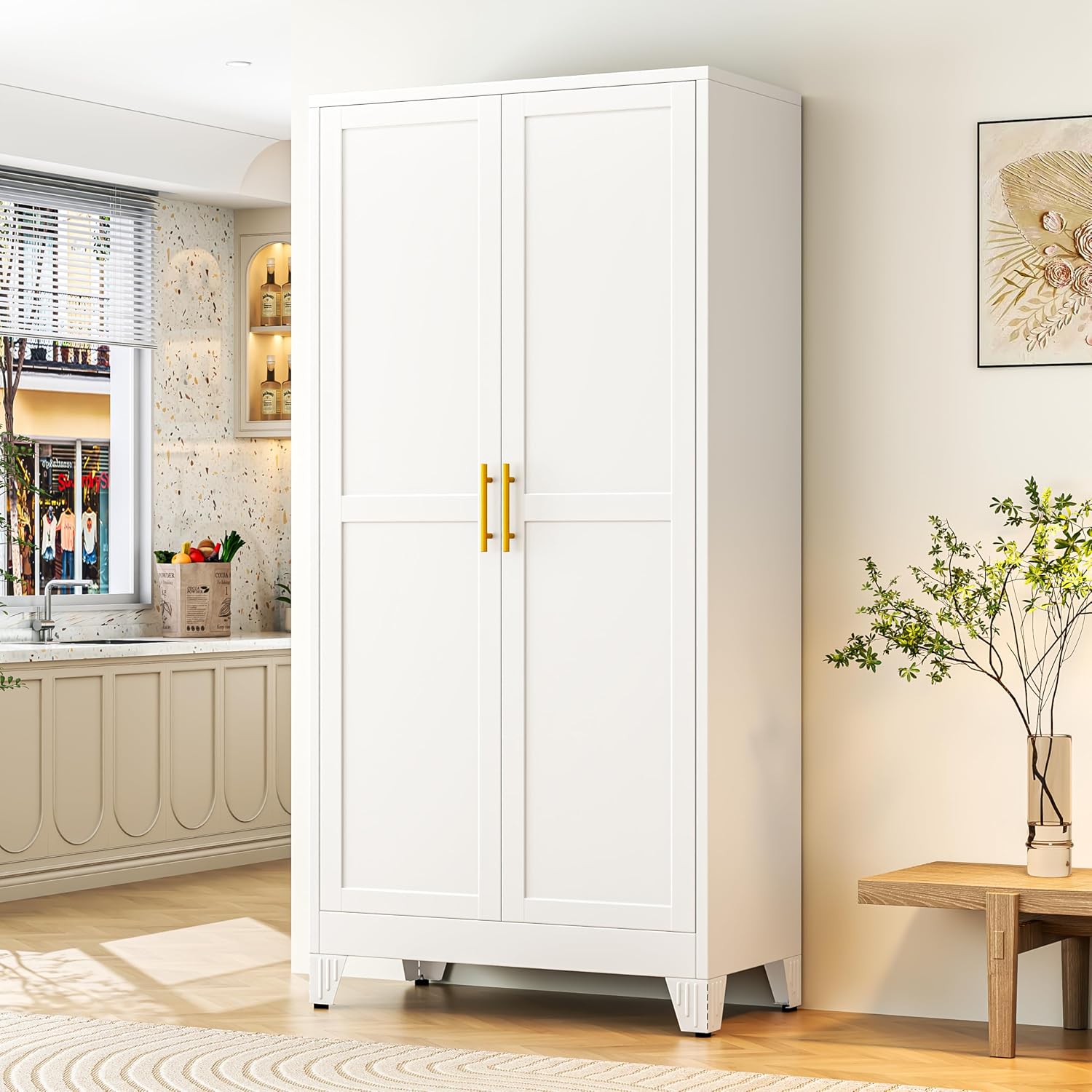 GAIOUS 75.2" Tall Metal Kitchen Pantry Storage Cabinets with 2 Door and 5 Adjustable Shelves, Cupboard for Kitchen, Dining Room, Living Room and Bathroom, White