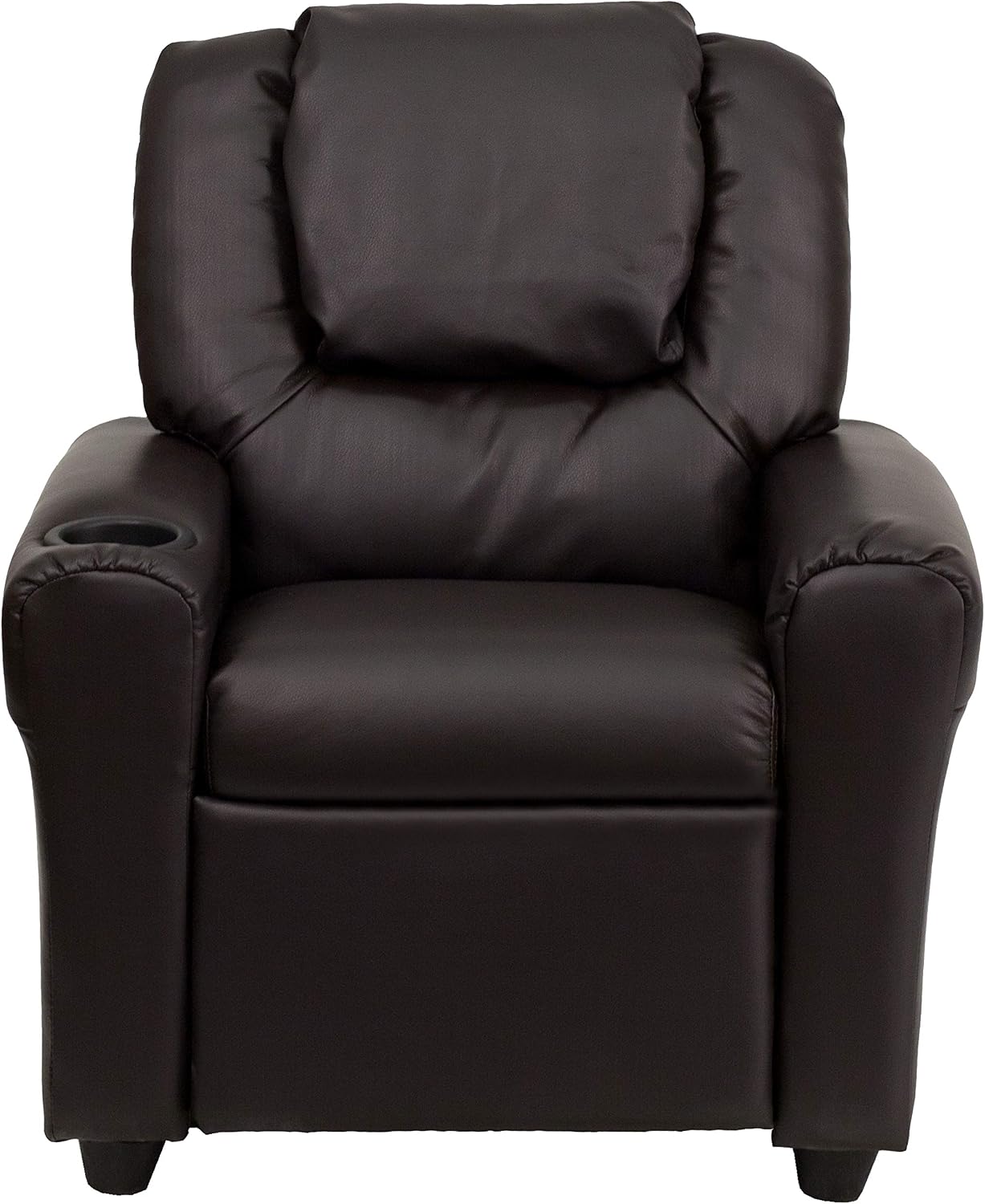 Flash Furniture Vana LeatherSoft Kids Recliner with Cup Holder, Headrest, and Safety Recline, Contemporary Reclining Chair for Kids, Supports up to 90 lbs., Brown | Manual Recline, Padded Seat and Back, Child-Friendly Design, Safety Recline Feature