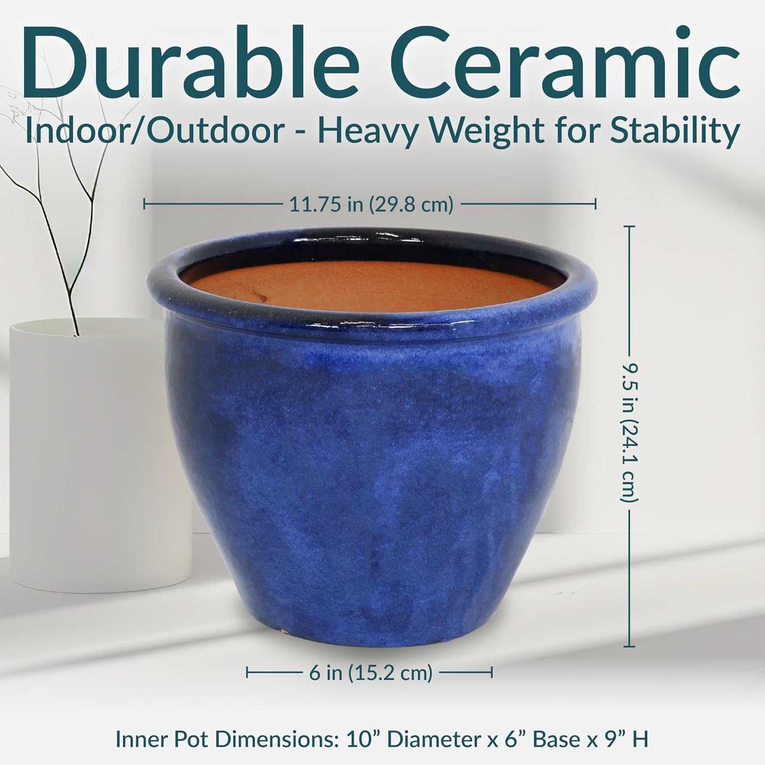 Sunnydaze Chalet 12" Ceramic Plant Pot, Imperial Blue Glaze, 2pk