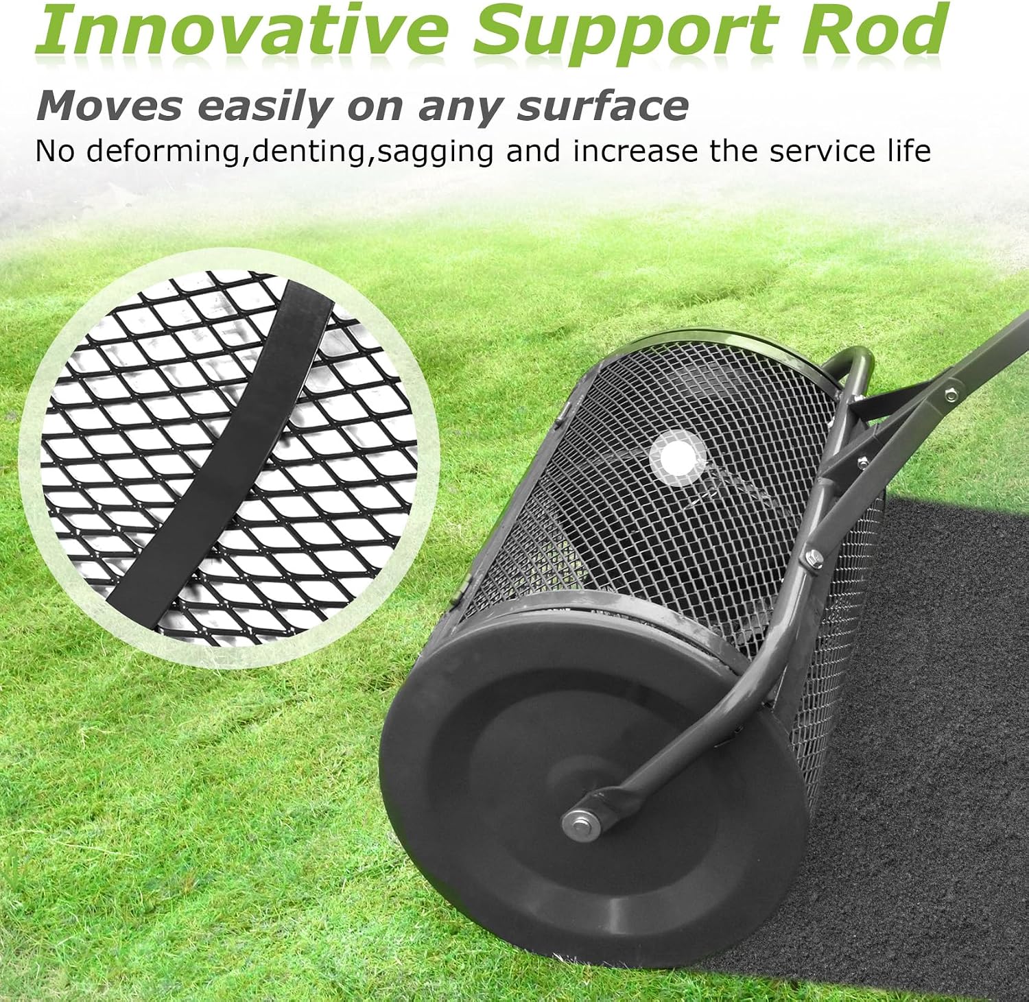 Seeutek Compost Spreader, 24" Peat Moss Spreader with 3 Heights | Push or Tow Top Soil Spreader W/Upgraded Side Latches Support Rod Powder Coated Metal Mesh Top Dressing Spreader for Lawn