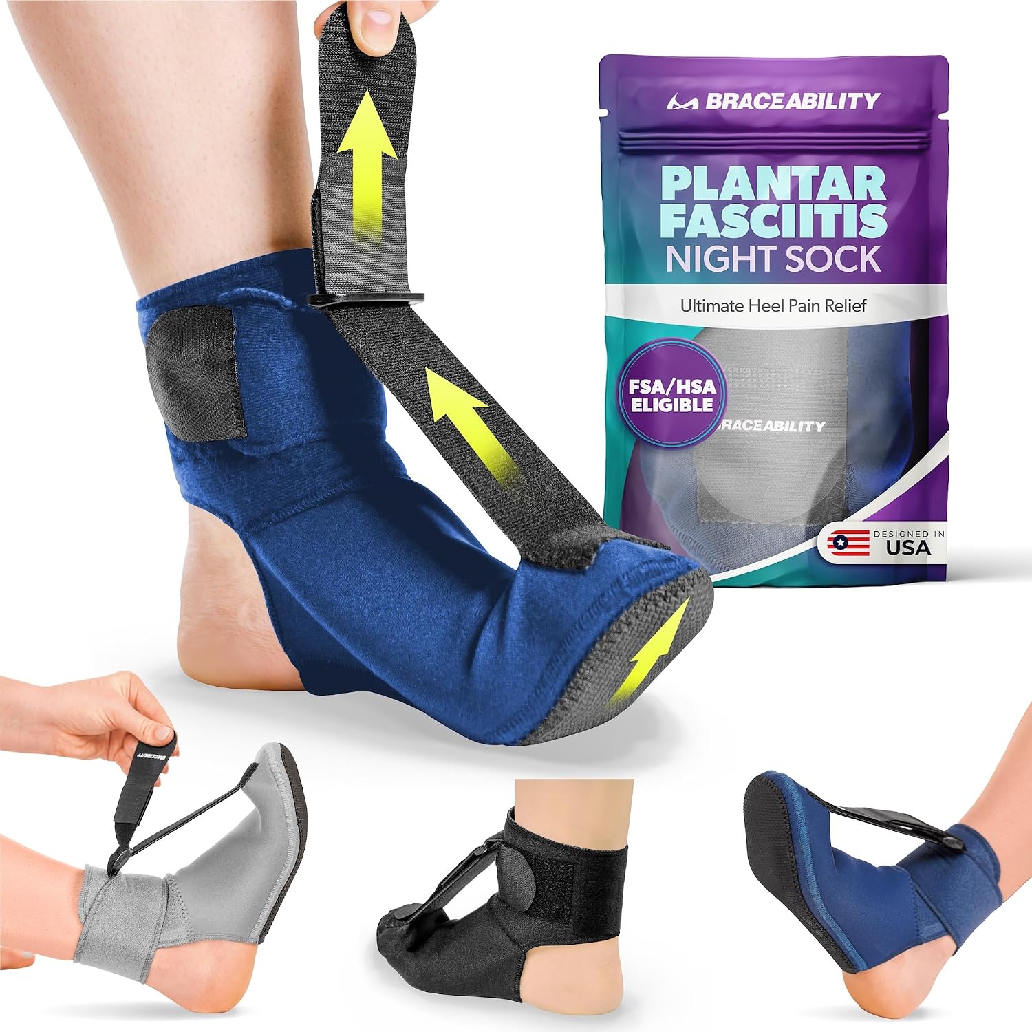 BraceAbility Plantar Fasciitis Night Splint Sock - Plantar Fascia Boot for Sleeping, Achilles Tendonitis Relief, Foot Drop, Heel Pain - Planter Facetious Brace for Women and Men - Black (L)