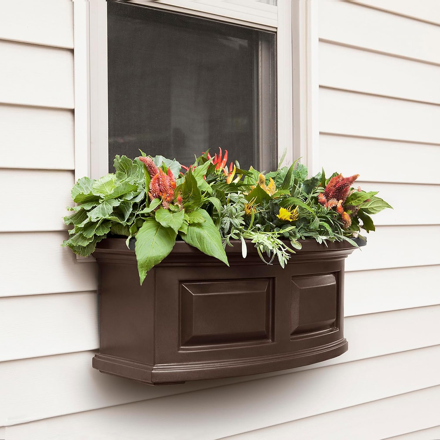 Mayne Nantucket 36in Self-Watering Rectangular Window Box Planter, White | Self-watering, All season, Fade resistant, Mounting brackets included, Built-in overflow, 15-year warranty