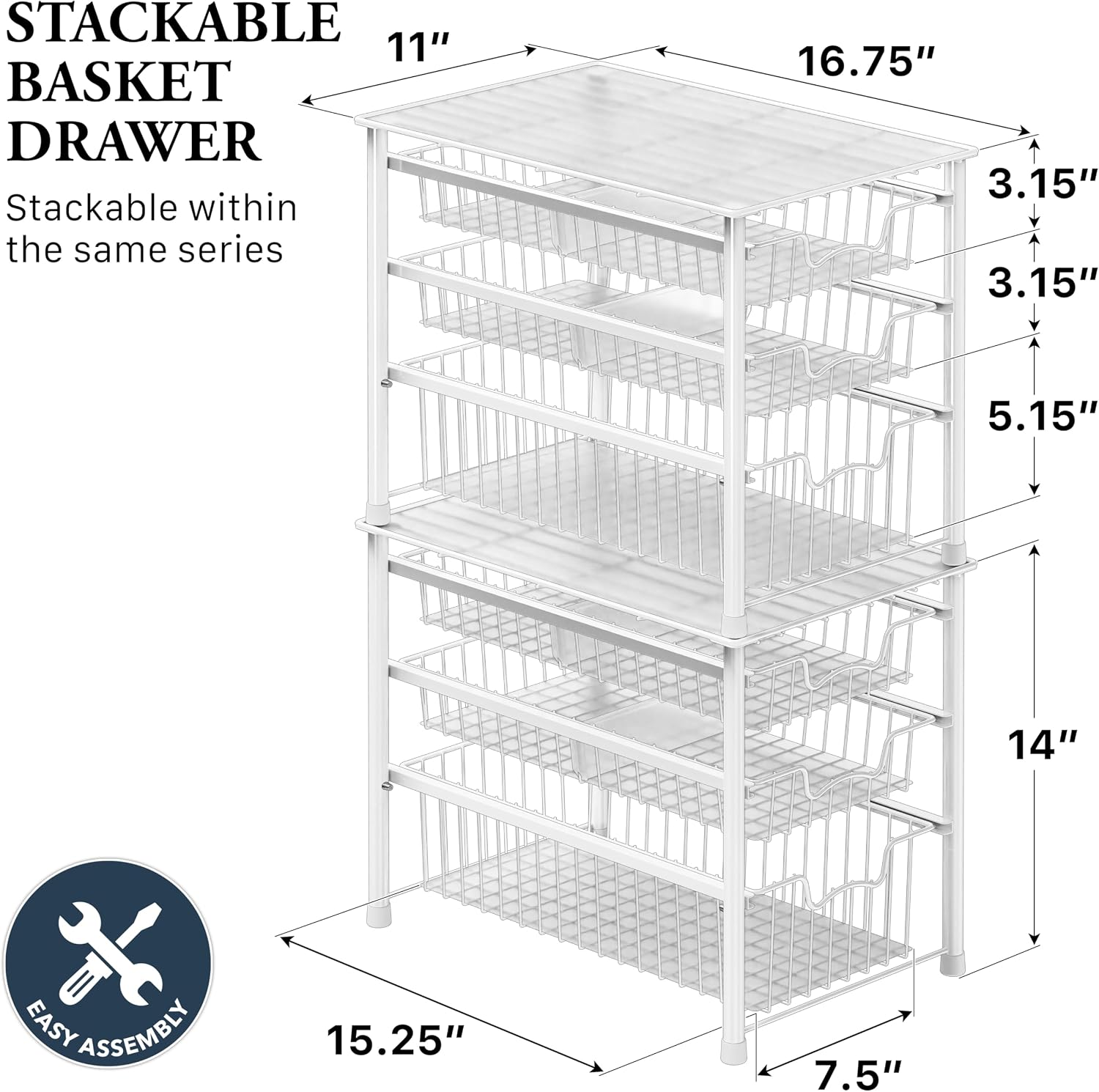 Simple Houseware Stackable 3 Tier Sliding Basket Organizer Drawer, Chrome