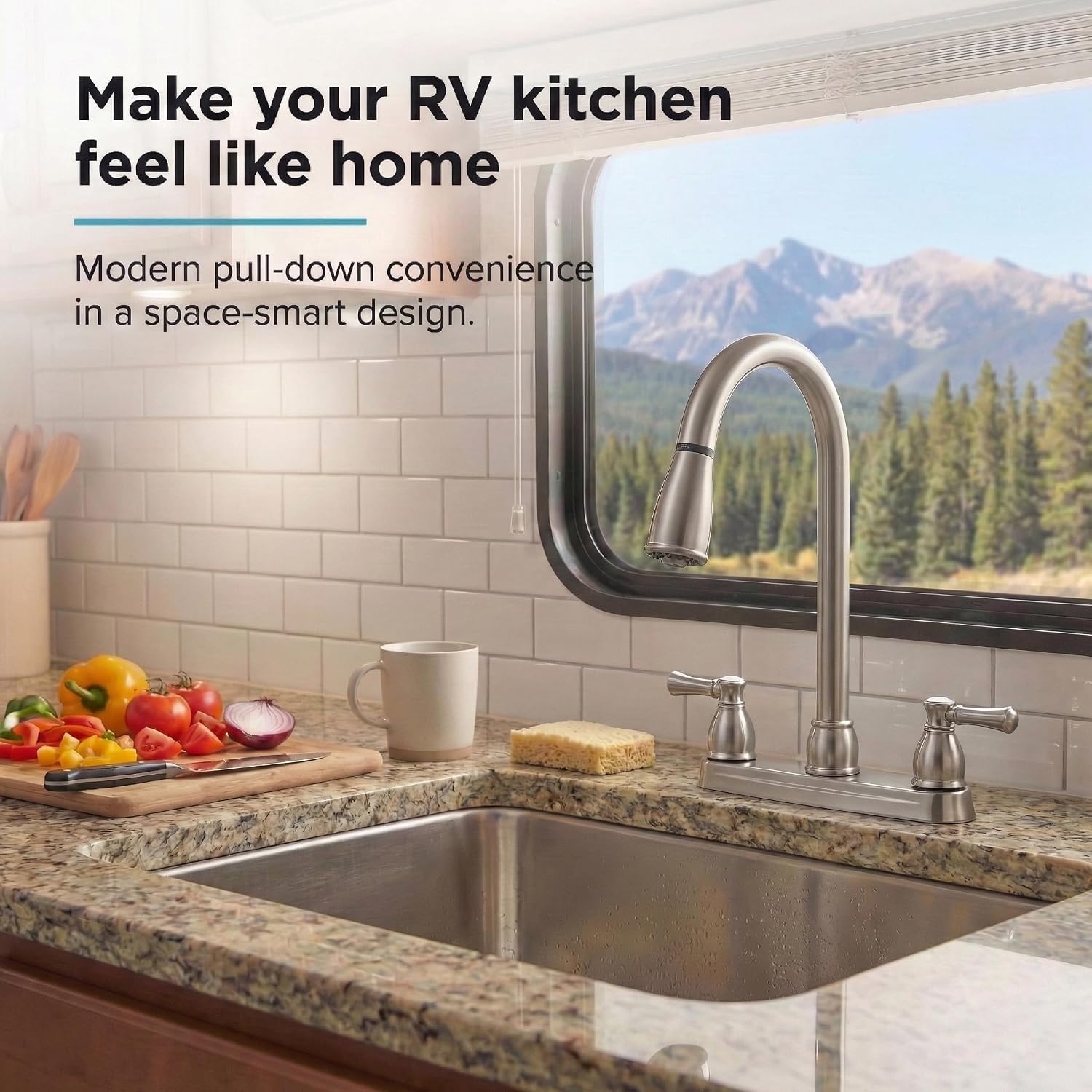 Dura Faucet DF-PK350L-SN RV Pull-Down Kitchen Sink Faucet (Satin Nickel) | Stream-to-spray sprayer with a corrosion-resistant non-metallic build. Brushed Satin Nickel. Plated ABS plastic (not metal).
