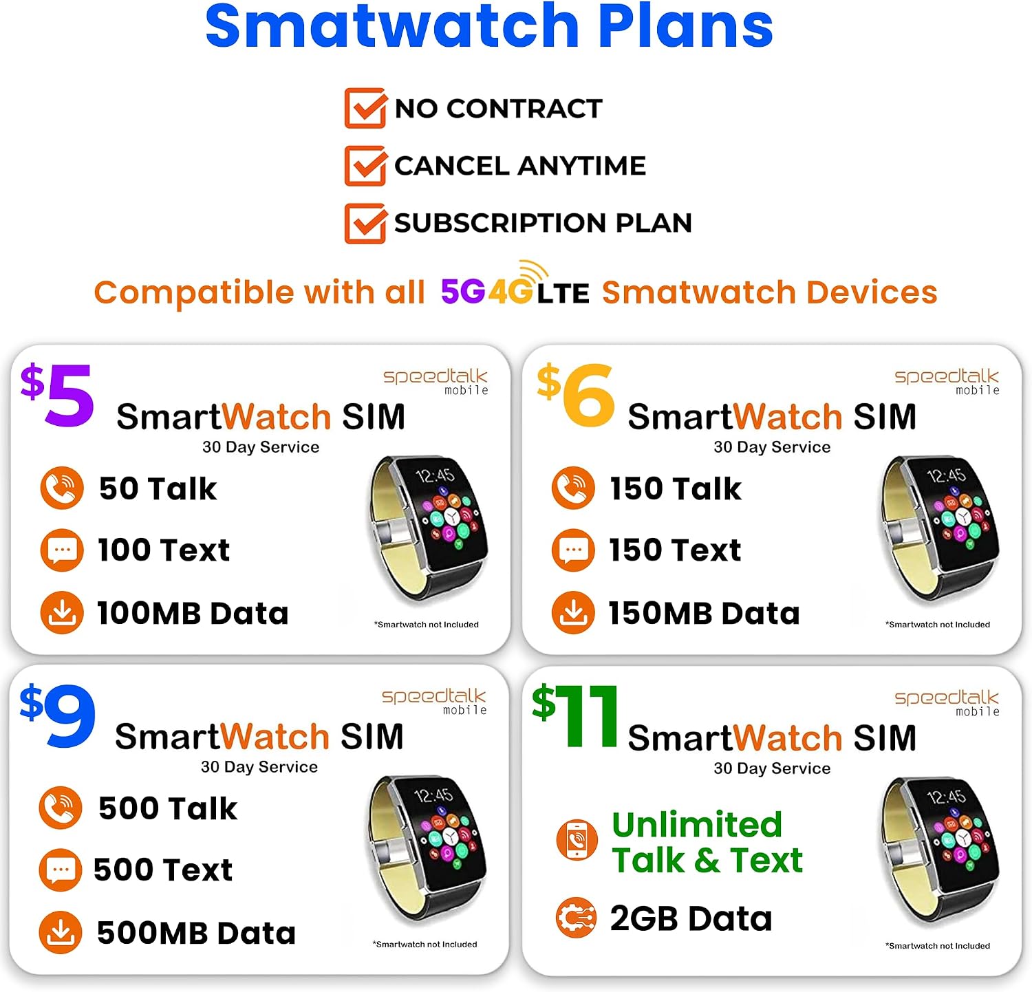SpeedTalk Mobile $5 Preloaded SIM Card Kit for Kids Smart Watch GPS & Activity Tracking | 3 in 1 Simcard - Standard, Micro, Nano | Children GSM 5G 4G LTE Smartwatches Wearables | 30 Days Service Plan