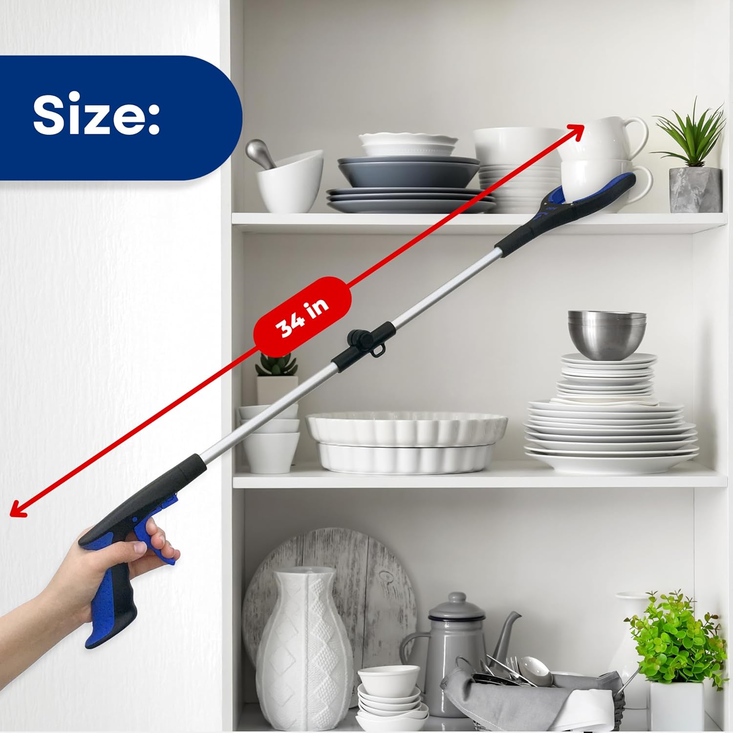RMS 34 Inch Extra Long Reacher Grabber - Foldable with Rotating Jaw (Blue)