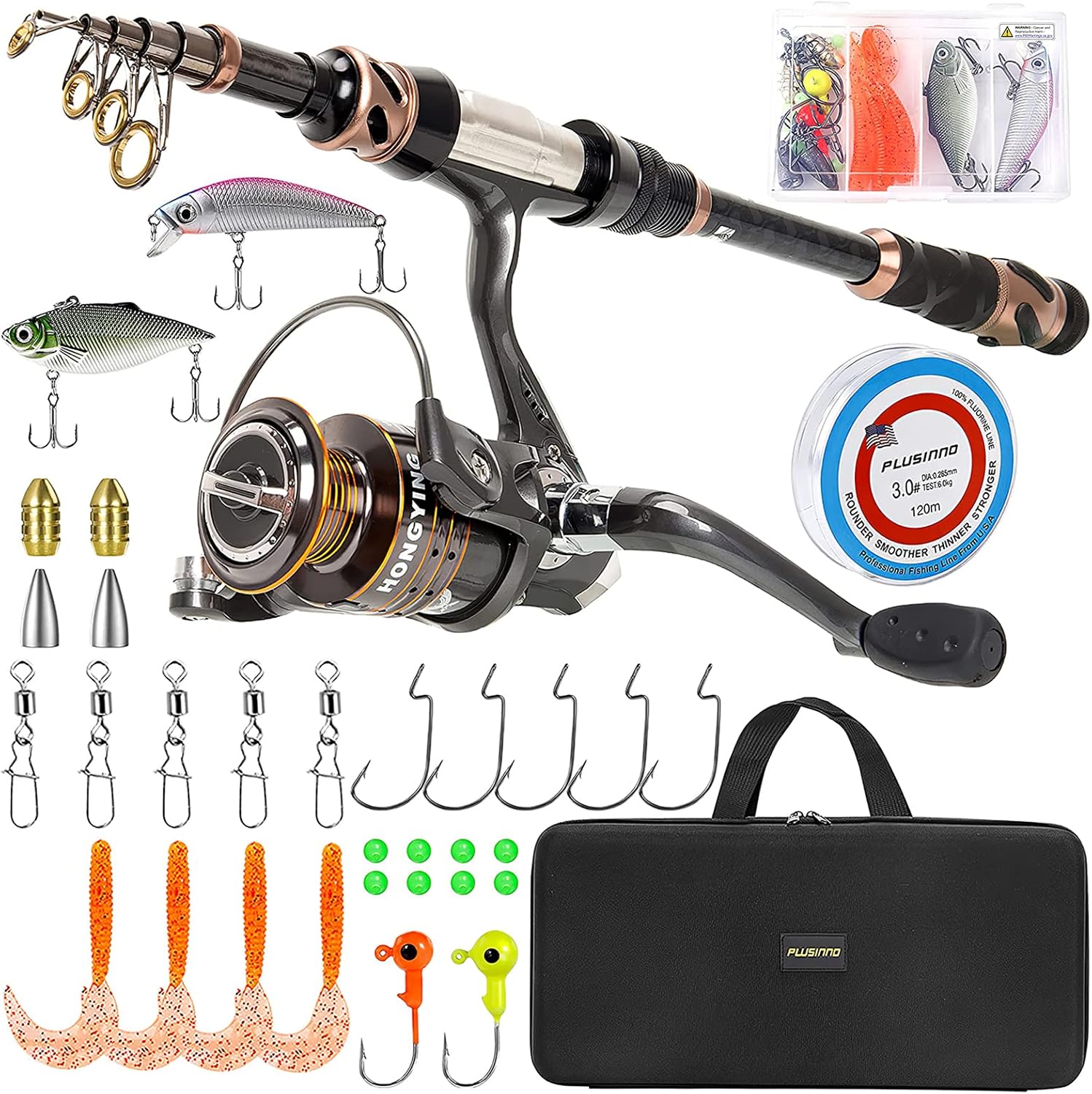 PLUSINNO Fishing Rod and Reel Combos - Carbon Fiber Telescopic Fishing Pole - Spinning Reel 12 +1 Shielded Bearings Stainless Steel BB