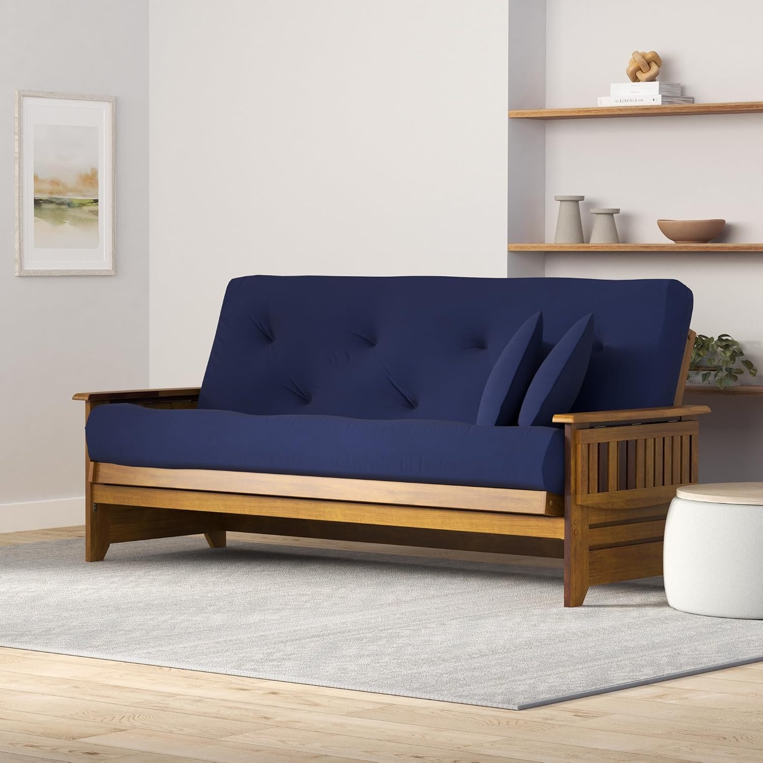 Brentwood Tray Arm Futon Sofabed Set - Queen Frame, 8" Microfiber Fudge Mattress, Heritage Finish
