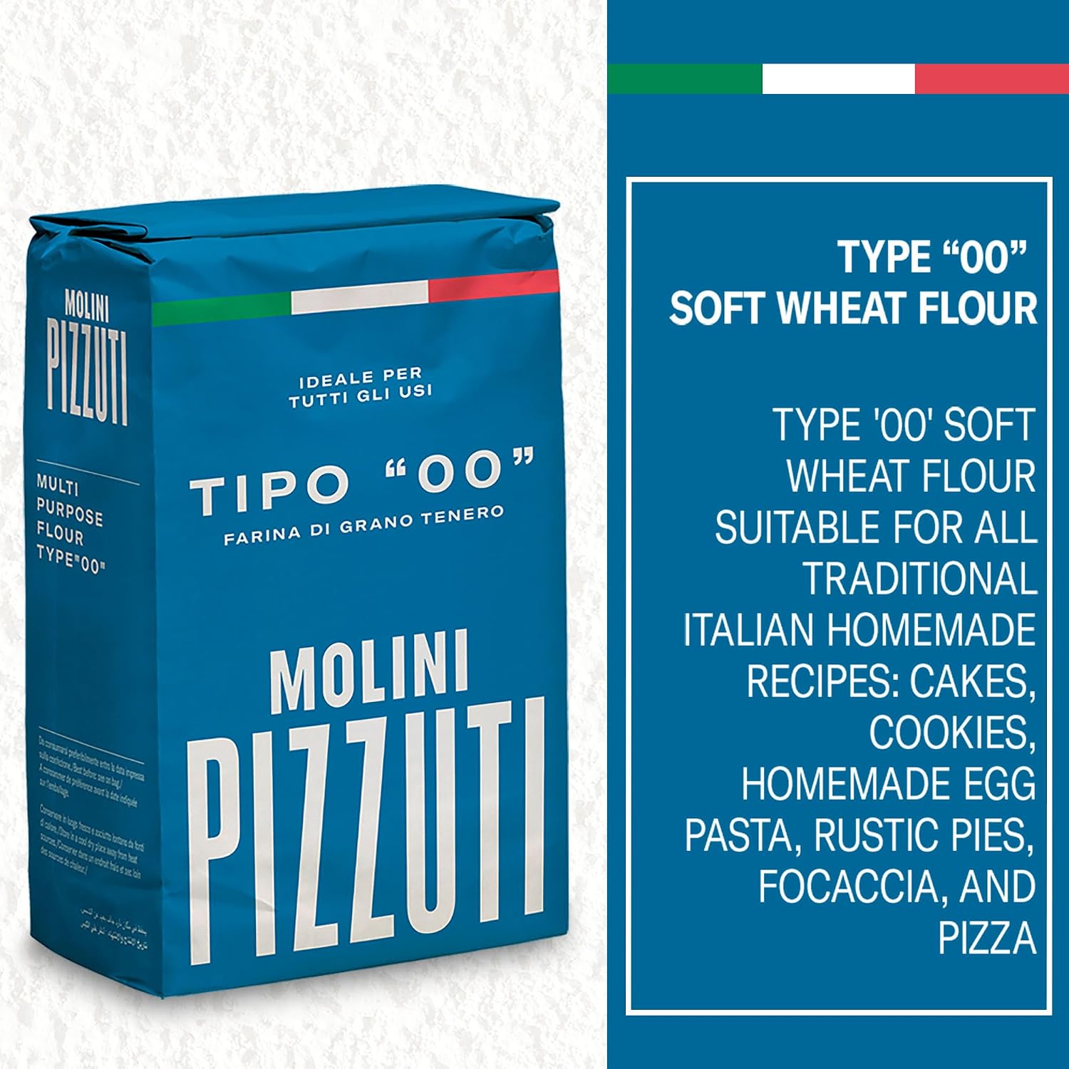 Molini Pizzuti Italian Tipo “00” Soft Wheat Flour – Ultra-Fine – All Natural for Pizza, Bread, Pasta, and Baking, 1 kg (2.2 lbs)