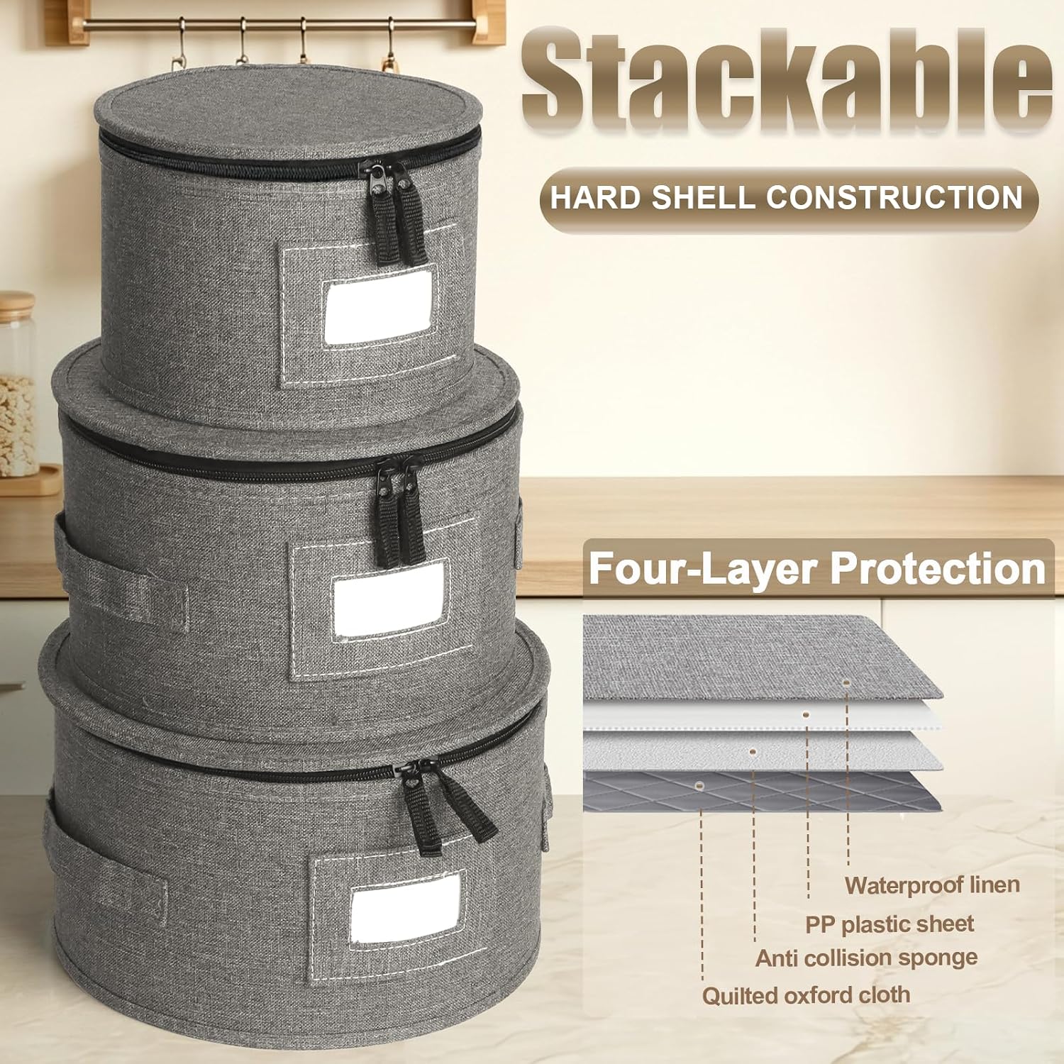 4PCS China Storage Containers, Hard Shell Dish Storage Containers w/ Felt Dividers, Quilted Plate Storage Cases for 12 Place Setting Charger Plates Dinnerware, Stackable Moving Boxes for Dishes