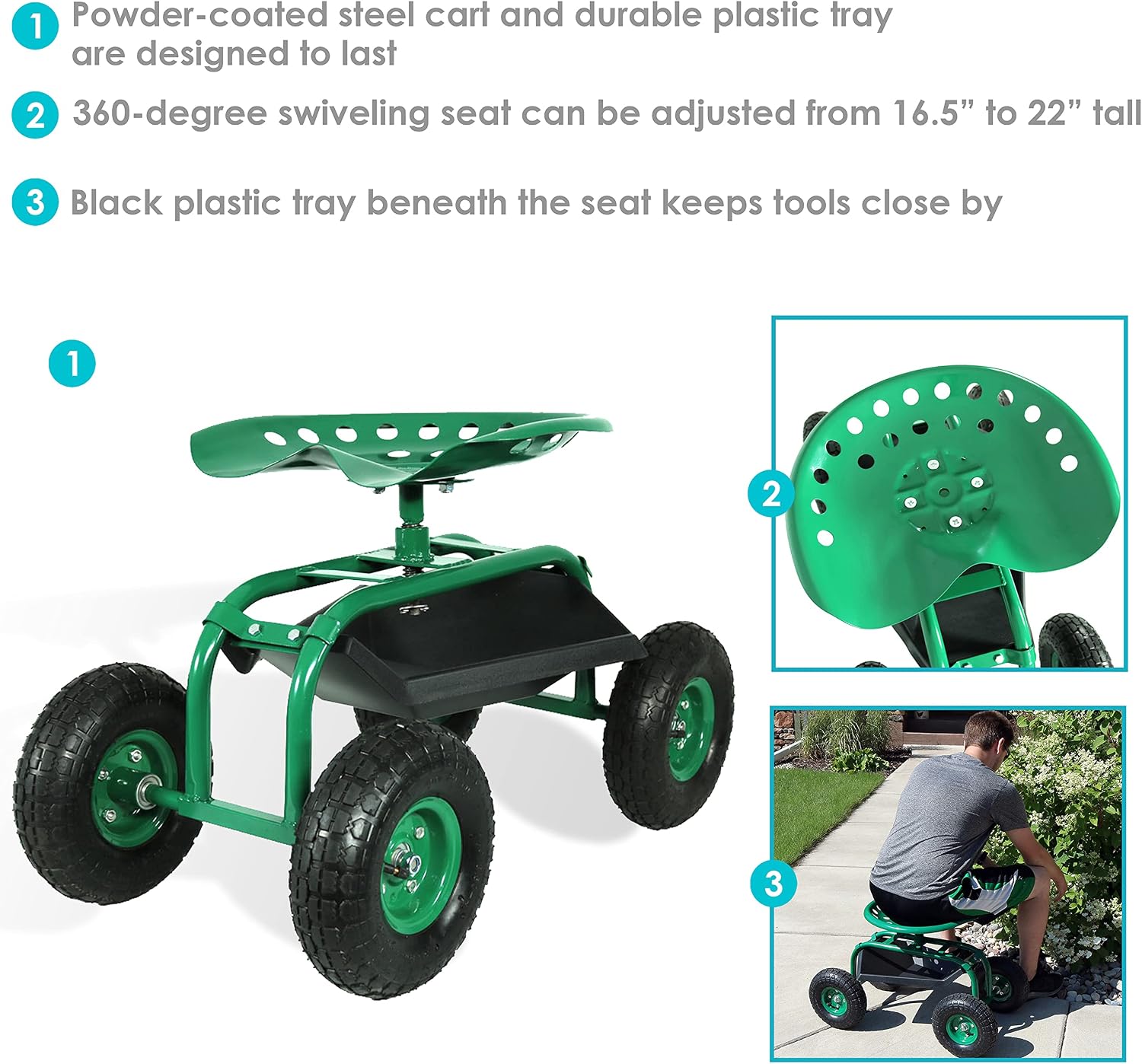 Sunnydaze Rolling Garden Cart with Swivel Seat and Storage, Green | Steel Rolling Gardening Seat with Utility Tray, and Basket for Storage, Rotating, Swiveling Motion