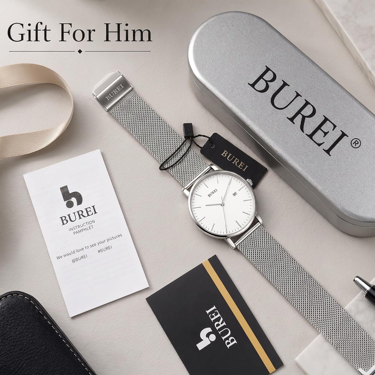 BUREI Men Wrist Watches Fashion Minimalist Thin Analog Quartz Waterproof Watches for Men, Refined Gifts for Men, Boyfriend, Husband, Dad