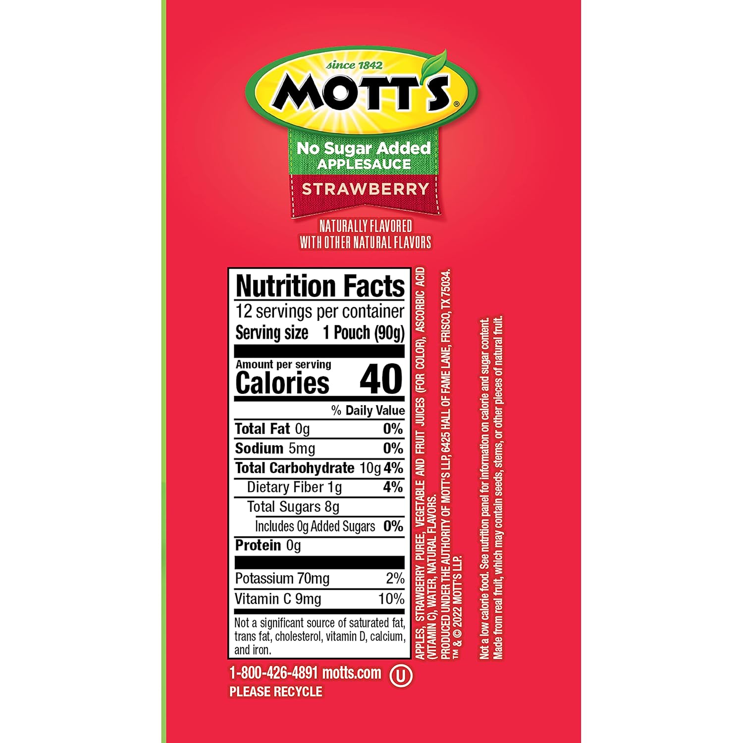 Mott's No Sugar Added Strawberry Applesauce, 3.2 Oz Clear Pouches, 48 Count (4 Packs Of 12), Good Source Of Vitamin C, No Artificial Flavors