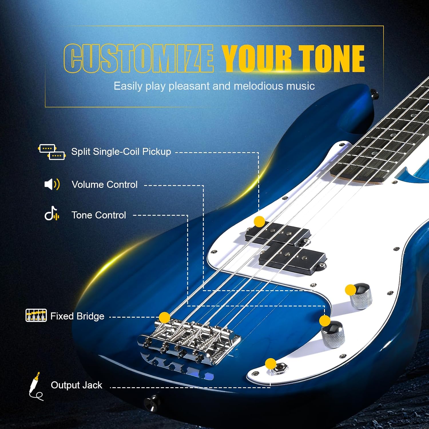 GLARRY Full Size Electric Bass Guitar Beginner Kit 4 String Exquisite Basswood Bass with 20W AMP, Cable, Strap, Bag and Accessories (Transparent Blue, 39"Right Handed)