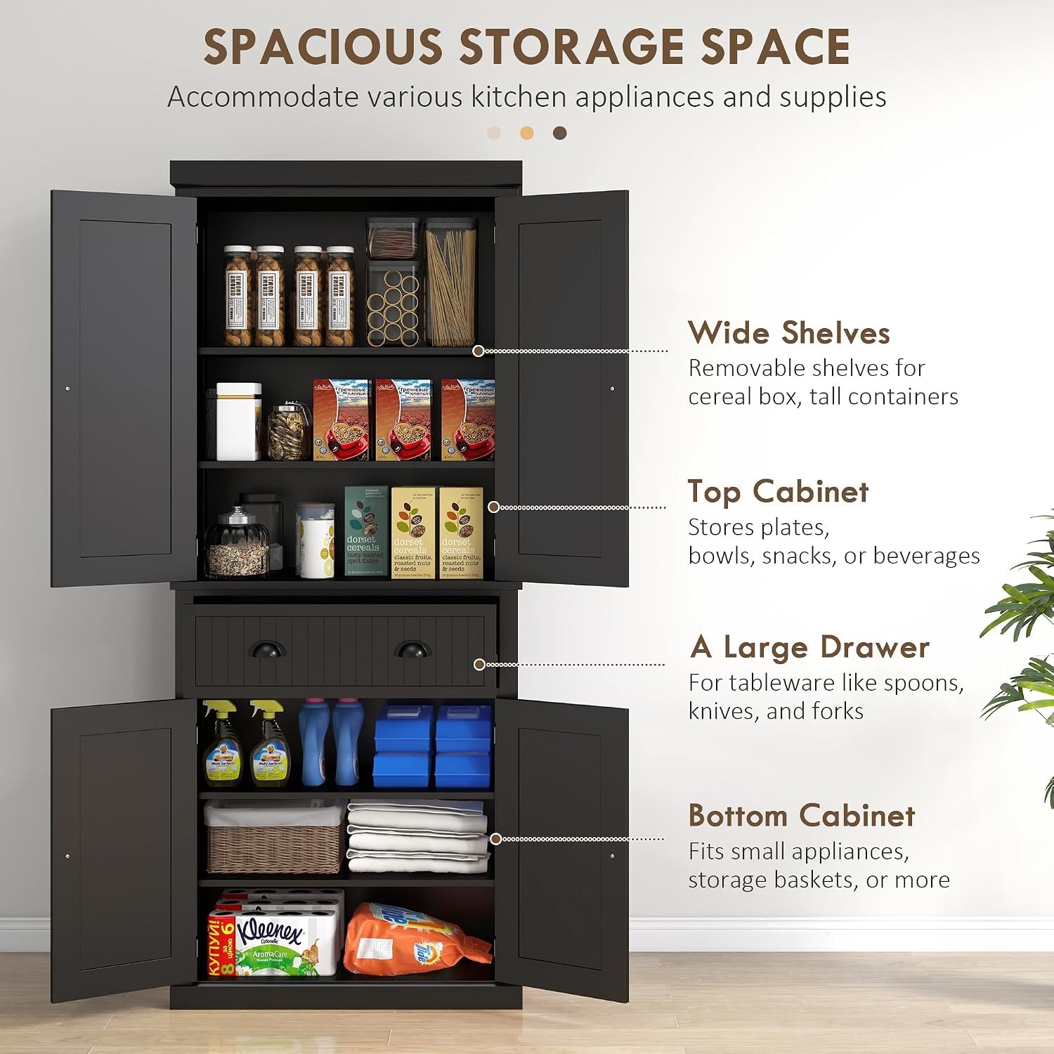 HOMCOM 72" Kitchen Pantry Cabinet Freestanding Tall Storage Cabinet White | Traditional Kitchen Pantry, 4 Doors, Drawer, 3 Adjustable Shelves, for Dining Room