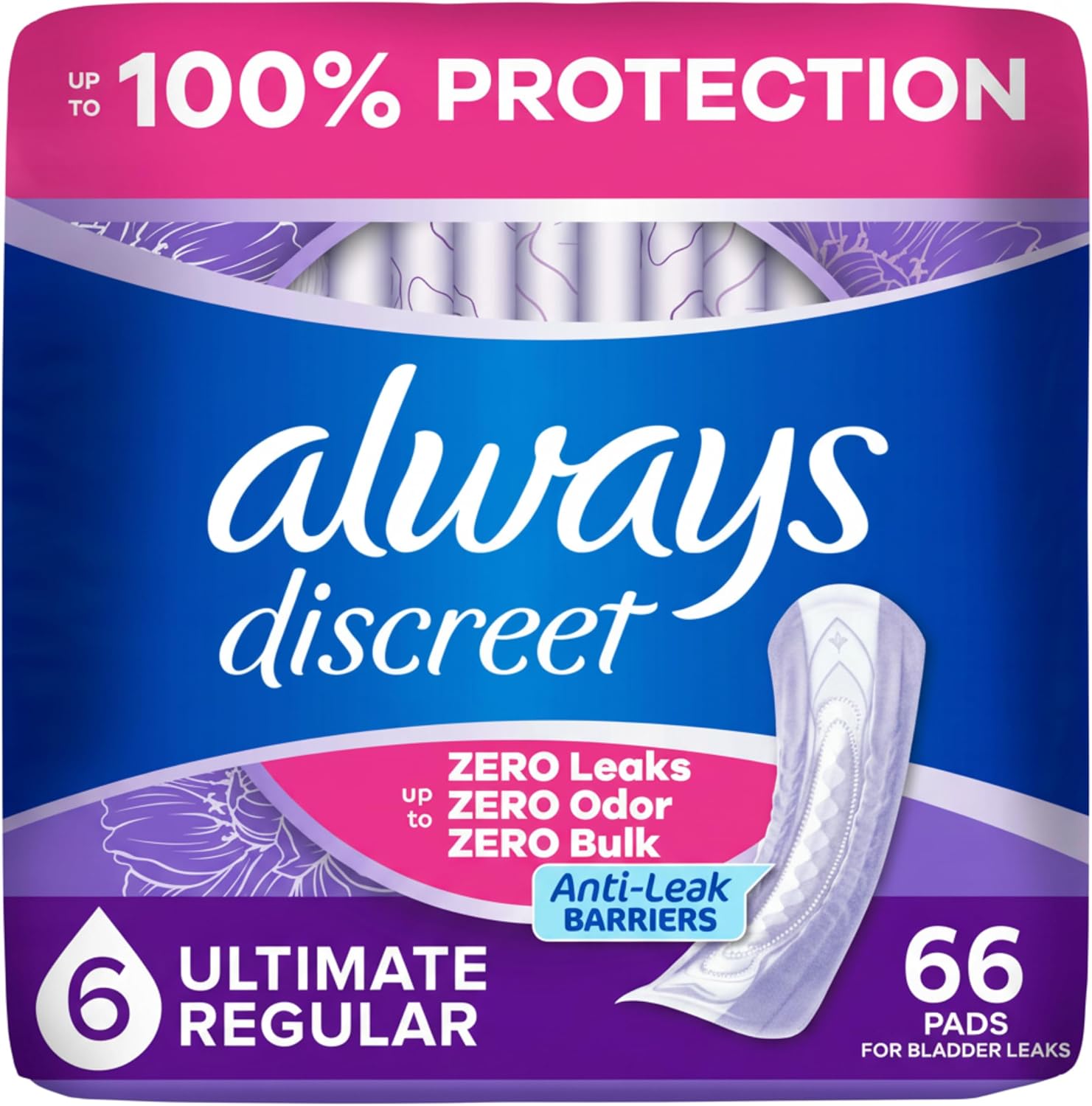Always Discreet Adult Incontinence Pads for Women, Drier, 6 Drop Long Length, Extra Heavy Absorbency, Pads for Bladder Control Management, Bladder Leaks, & Postpartum Pads, 45ct