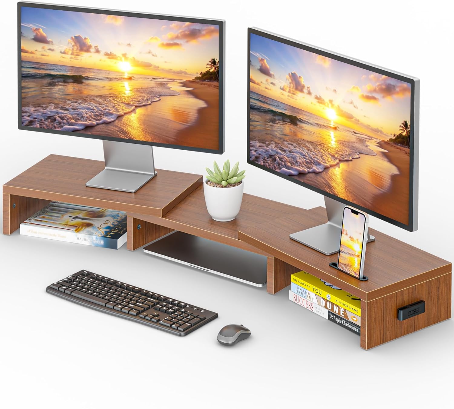 BONTEC Dual Monitor Stand Riser, Adjustable Length & Swivel Angle, Black