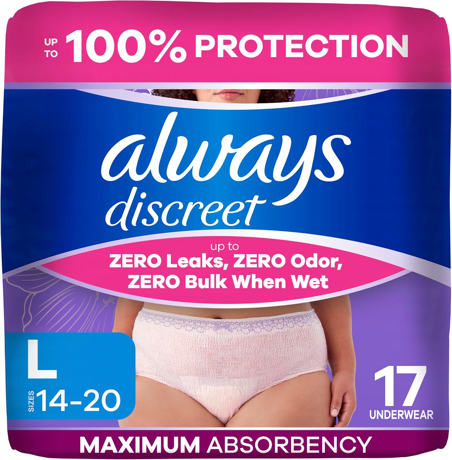 Always Discreet Adult Diapers for Women, Incontinence Underwear, Postpartum Essentials, Disposable Briefs, Max Absorbency, Bladder Leak Protection