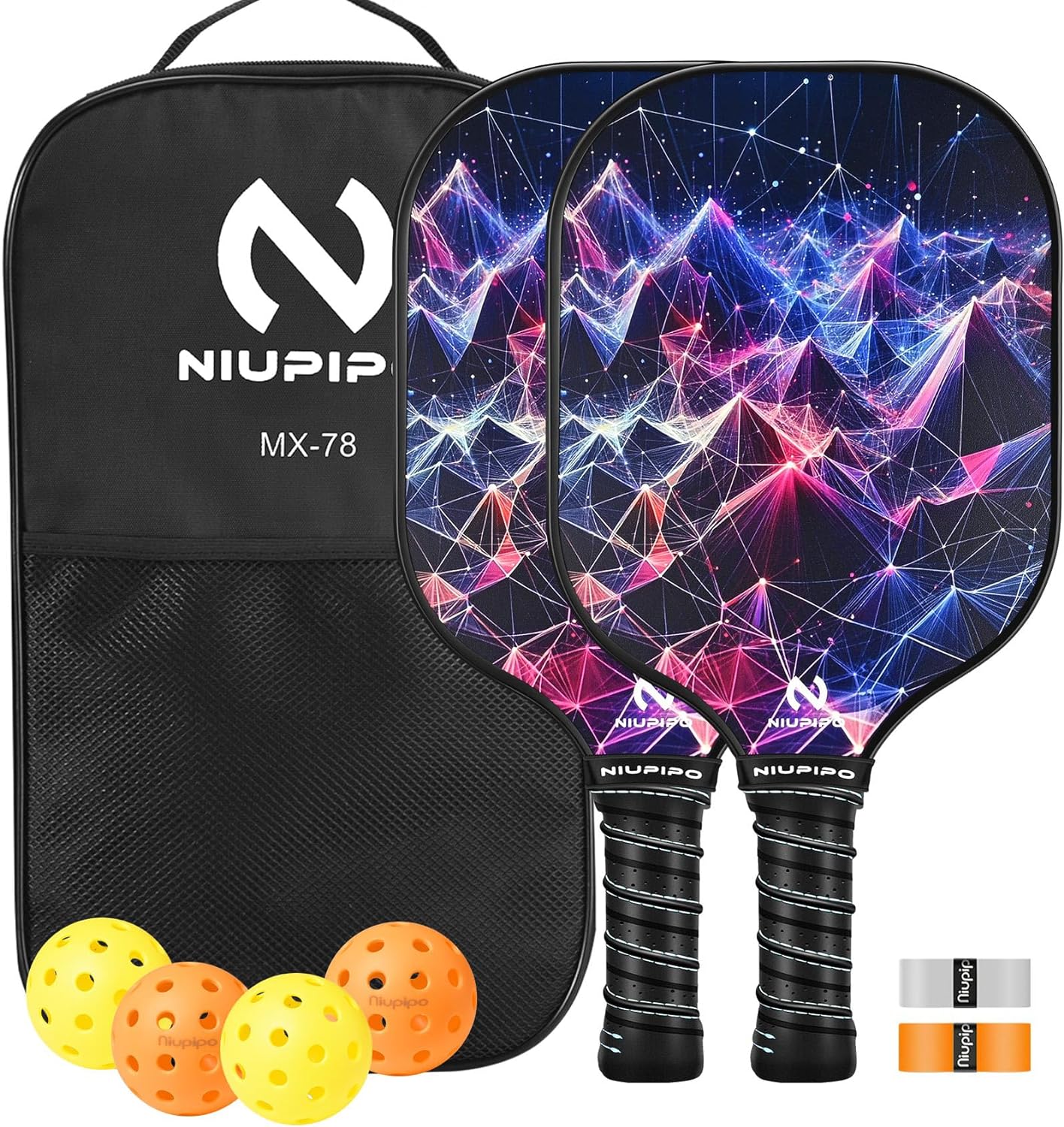 niupipo Pickleball Paddles Set of 2 or 4, USAPA Approved Fiberglass Pickleball Paddle Set with Balls and Bag, Polypropylene Honeycomb Core