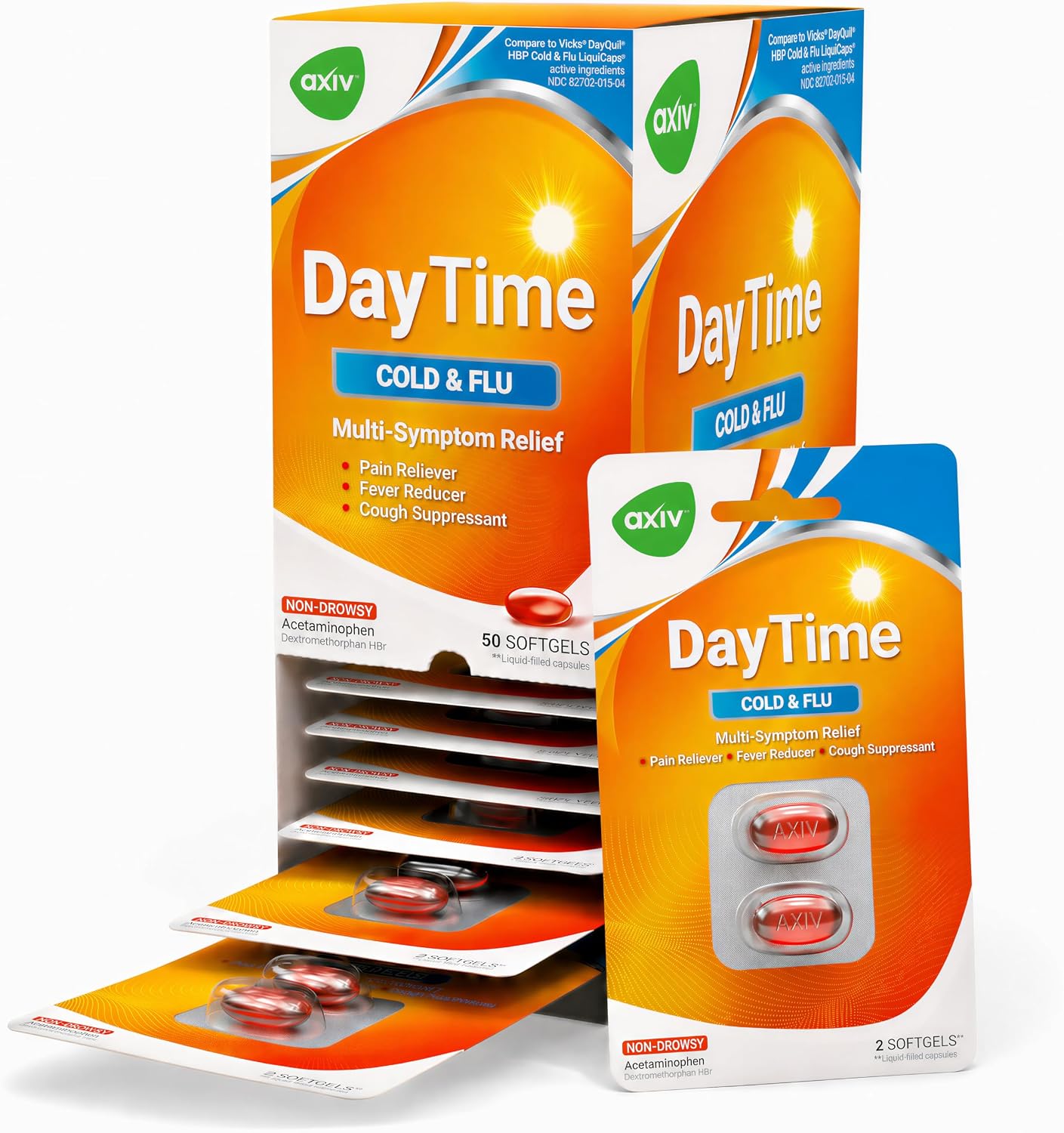 AXIV Daytime Multi-Symptom, Daytime Cold and Flu Relief Softgels, Non-Drowsy Cold Medicine, Relief of Pain, Sore Throat, Minor Aches and Pains, Fever, Cough, 24 Count