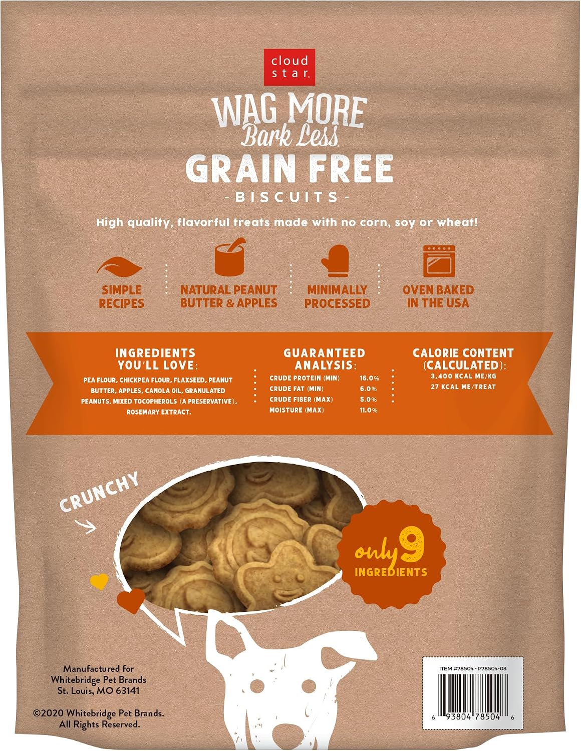 Cloud Star Wag More Bark Less - Dog Treats - Crunchy Biscuits - Grain Free Peanut Butter & Apples - 2.5 lb Pouch