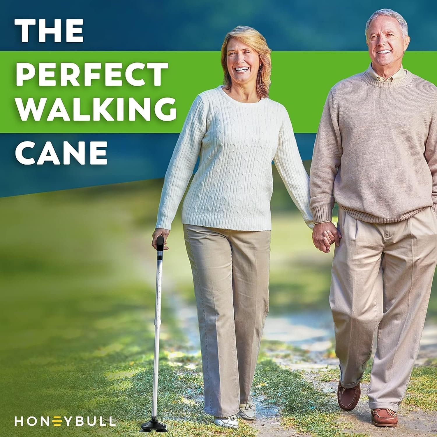HONEYBULL Walking Cane for Men & Women, Foldable Free Standing Cane | Adjustable height, collapsible design, heavy-duty, pivot base for stable support, ergonomic handle