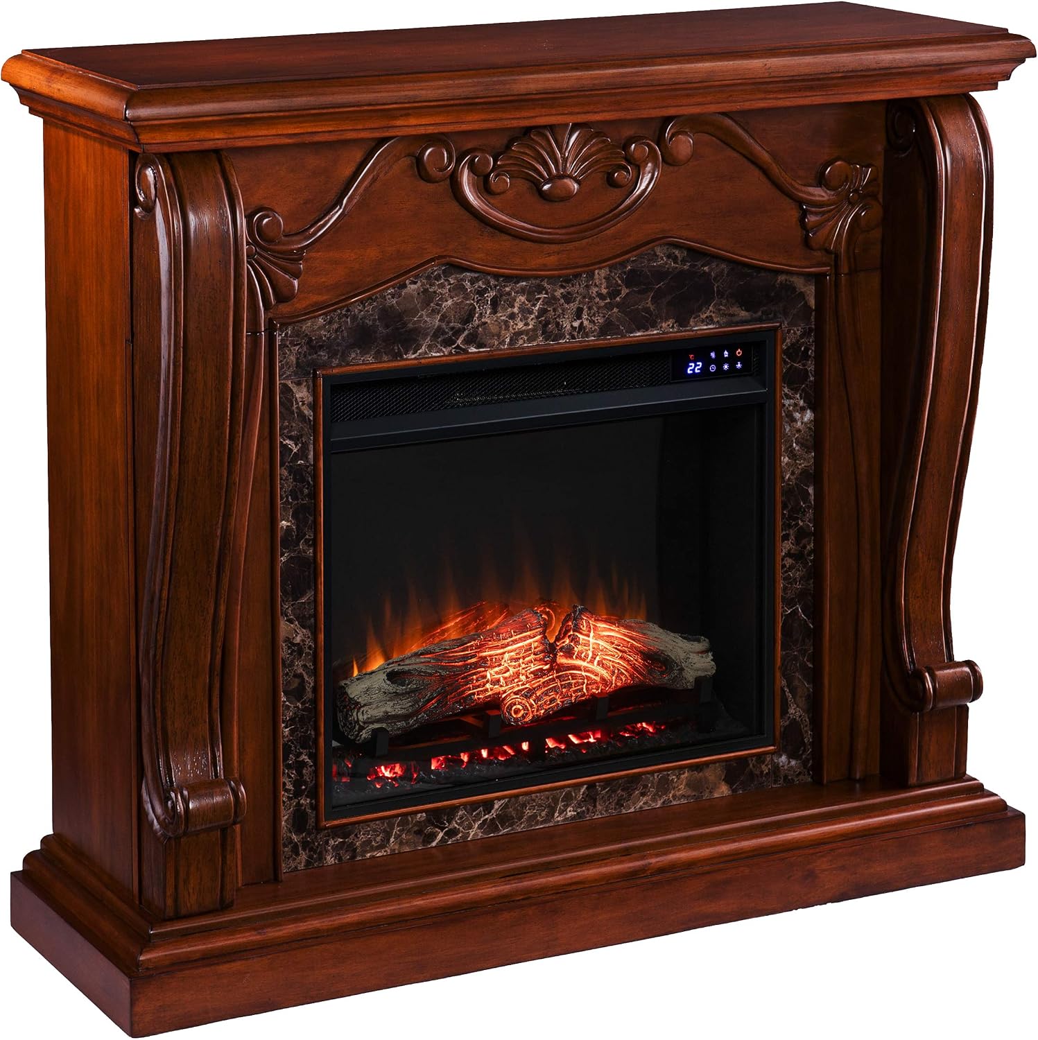SEI Furniture Cardona Carved Wood & Faux Marble Electric Fireplace, New Walnut