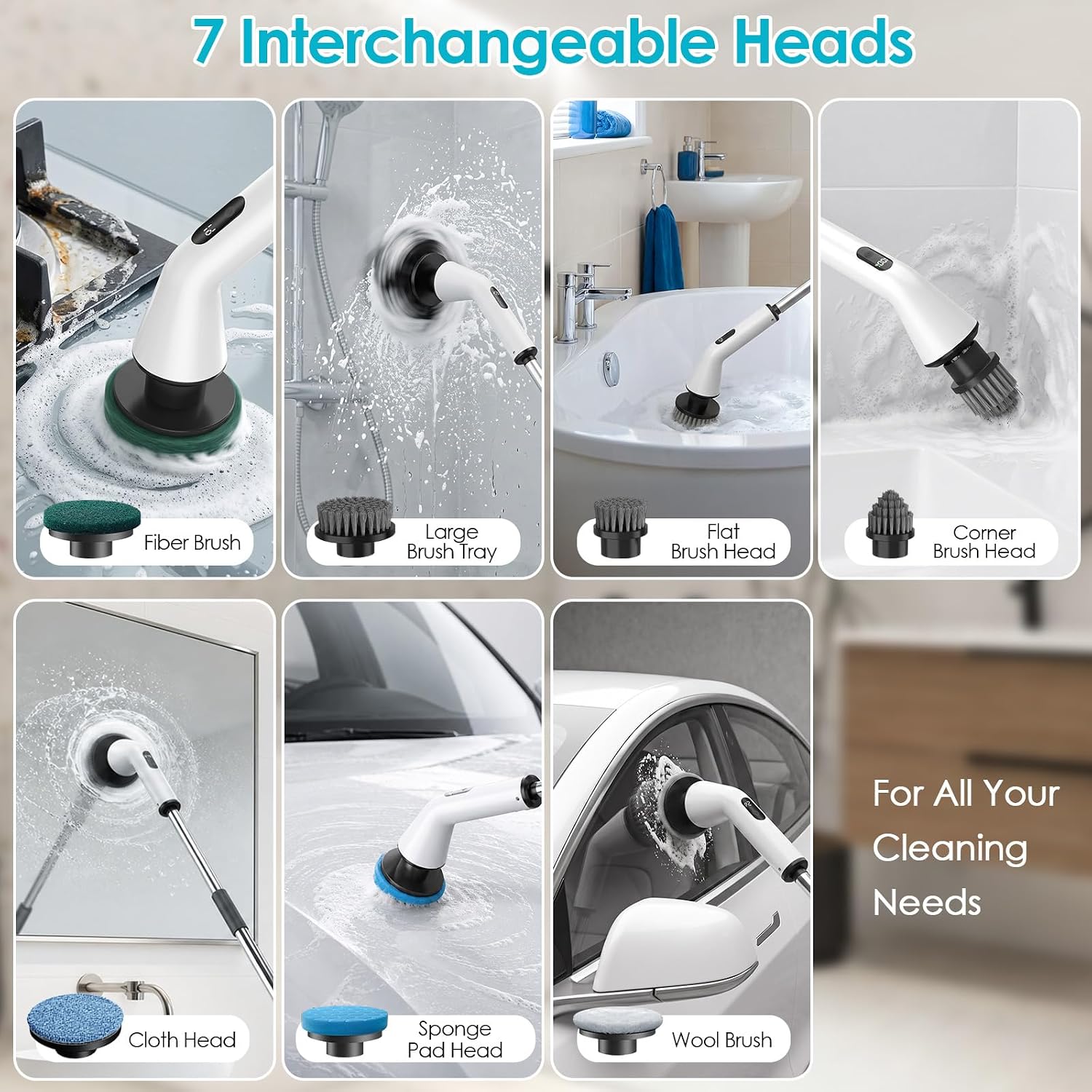 Electric Spin Scrubber for Bathroom, Power Cleaning Brush with 7 Replaceable Brush Heads, Adjustable Long Handle