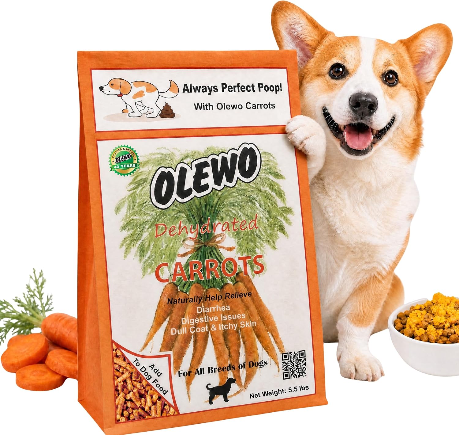 Olewo Carrots Dog Food Topper for Digestive Support & Firm Stools, 1 lb | Real-food digestive support. Whole-food alternative to powders, blends & synthetic supplements. Made in Germany.