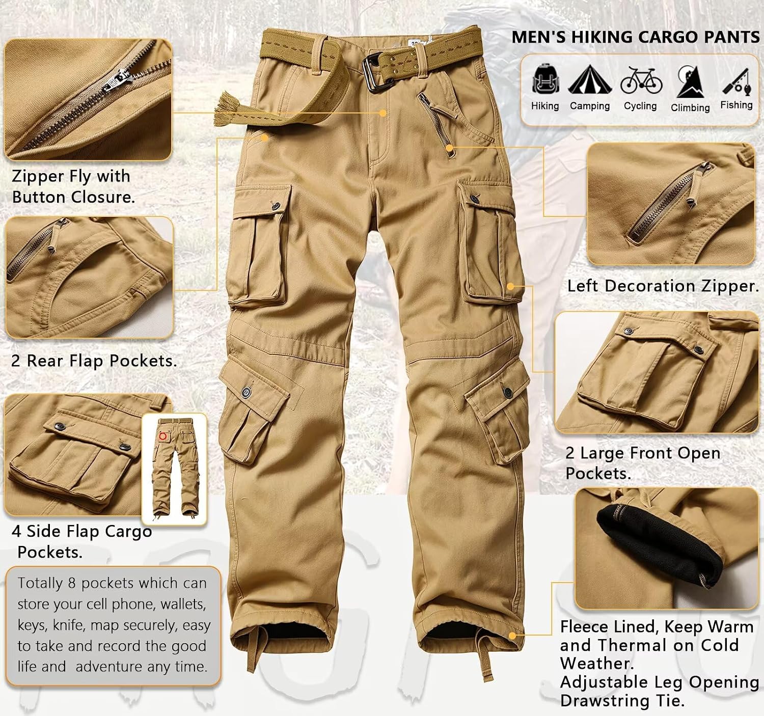 TRGPSG Men's Fleece Lined Hiking Cargo Pants