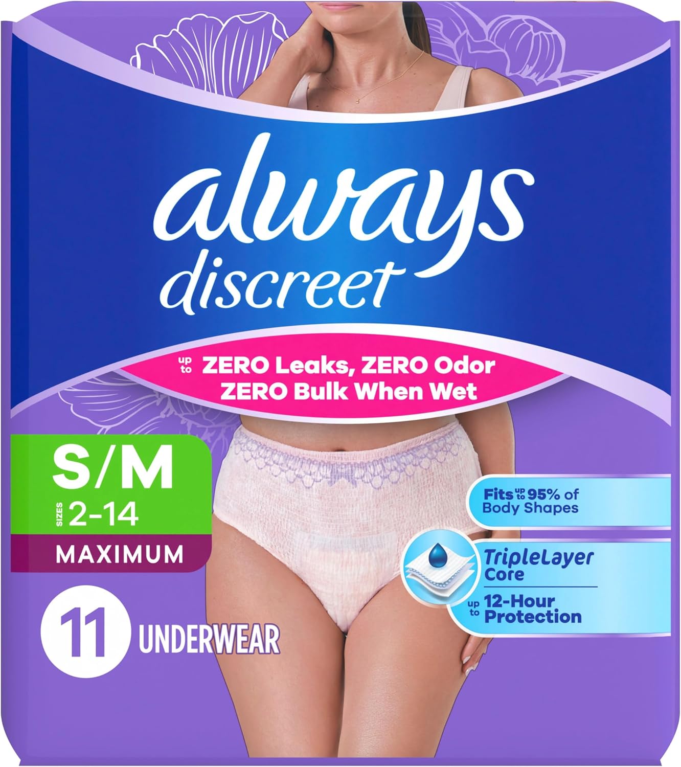 Always Discreet Adult Diapers for Women, Incontinence Underwear, Postpartum Essentials, Disposable Briefs, Max Absorbency, Bladder Leak Protection, Small/Medium, 32ct