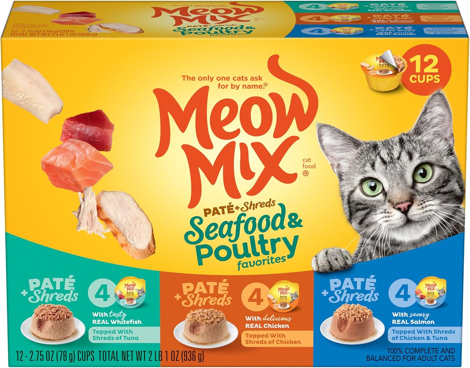 Meow Mix Paté & Shreds Wet Cat Food Variety Pack, Seafood & Poultry Favorites, 2.75 Ounce Cup (Pack of 12)