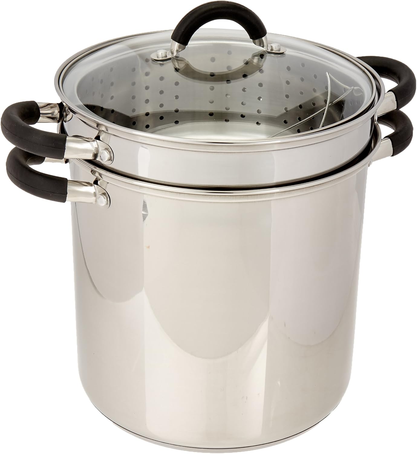 ExcelSteel 12 Qt Multifunction Stainless Steel Pasta Cooker with Encapsulated Base, Vented Glass Lid, and Riveted Silicone Covered Handles