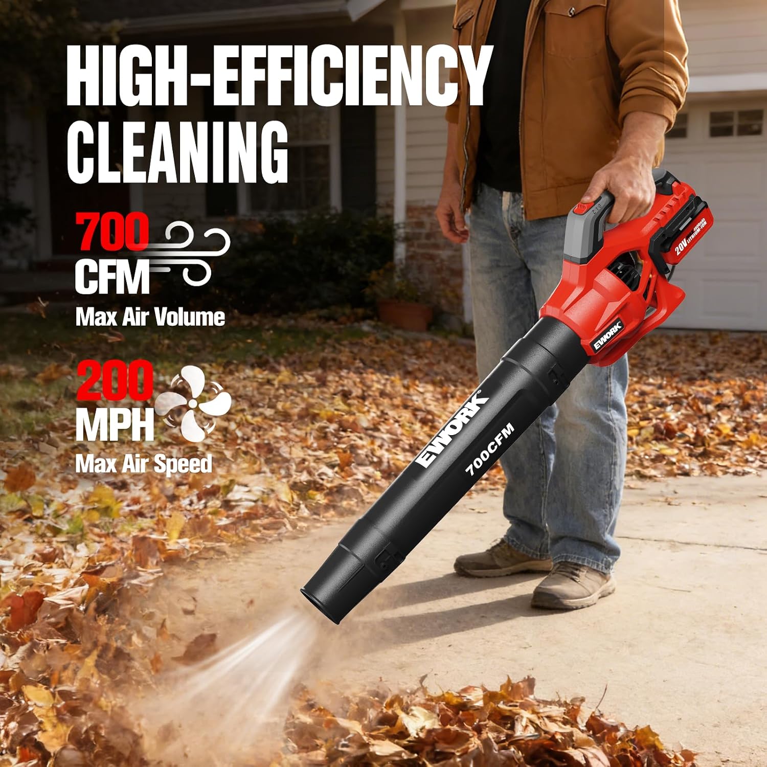 EWORK 20V 700CFM Cordless Leaf Blower with 2×4.0Ah Batteries and Charger | 2-Speed Adjustable Powerful Handheld Electric Leaf Blowers for Lawn Care