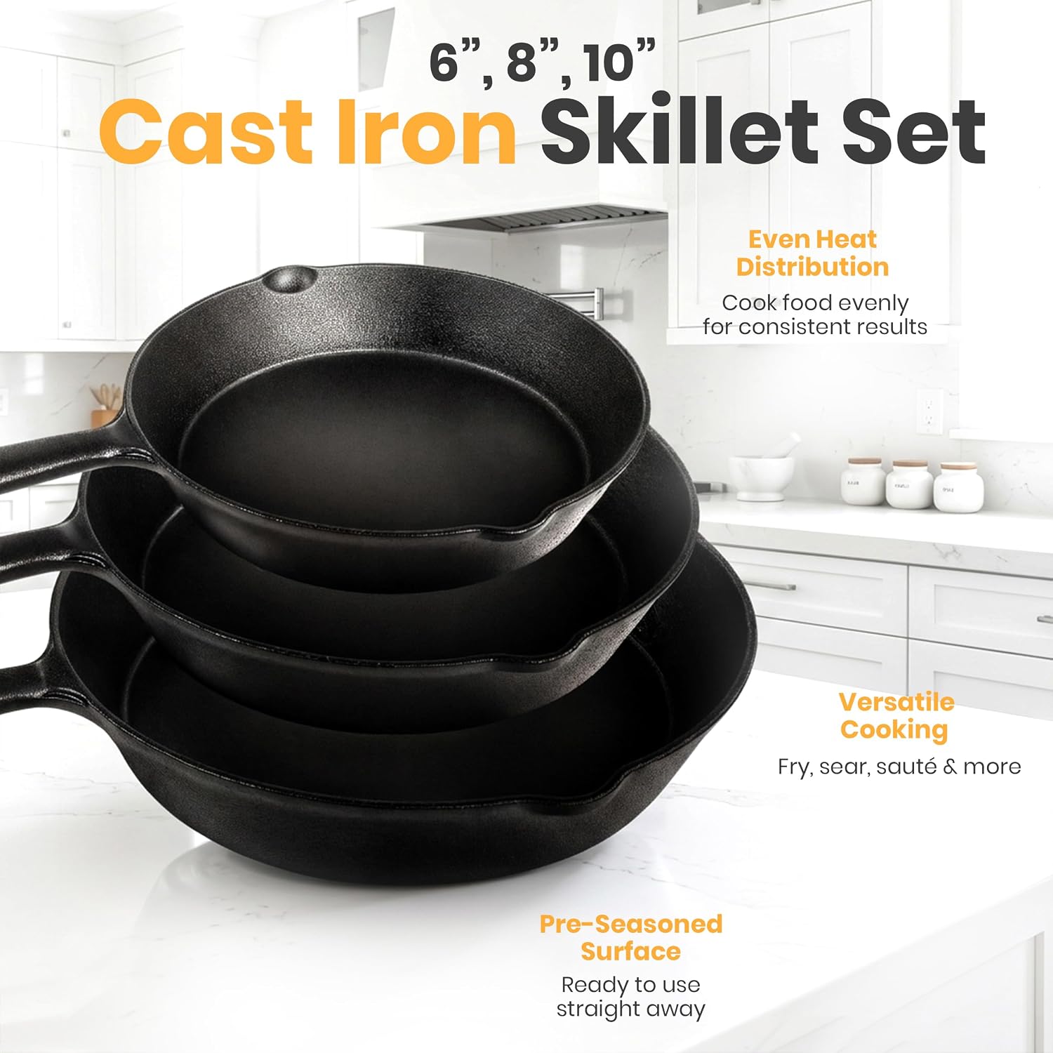 Utopia Kitchen Cast Iron Skillet Set 3 Piece 6 8 10 Inch PFAS-Free Black | Chef Pan, Even Heat Distribution, Stovetop, Campfire and Grill Safe, Large Skillet Set, Indoor Outdoor Use