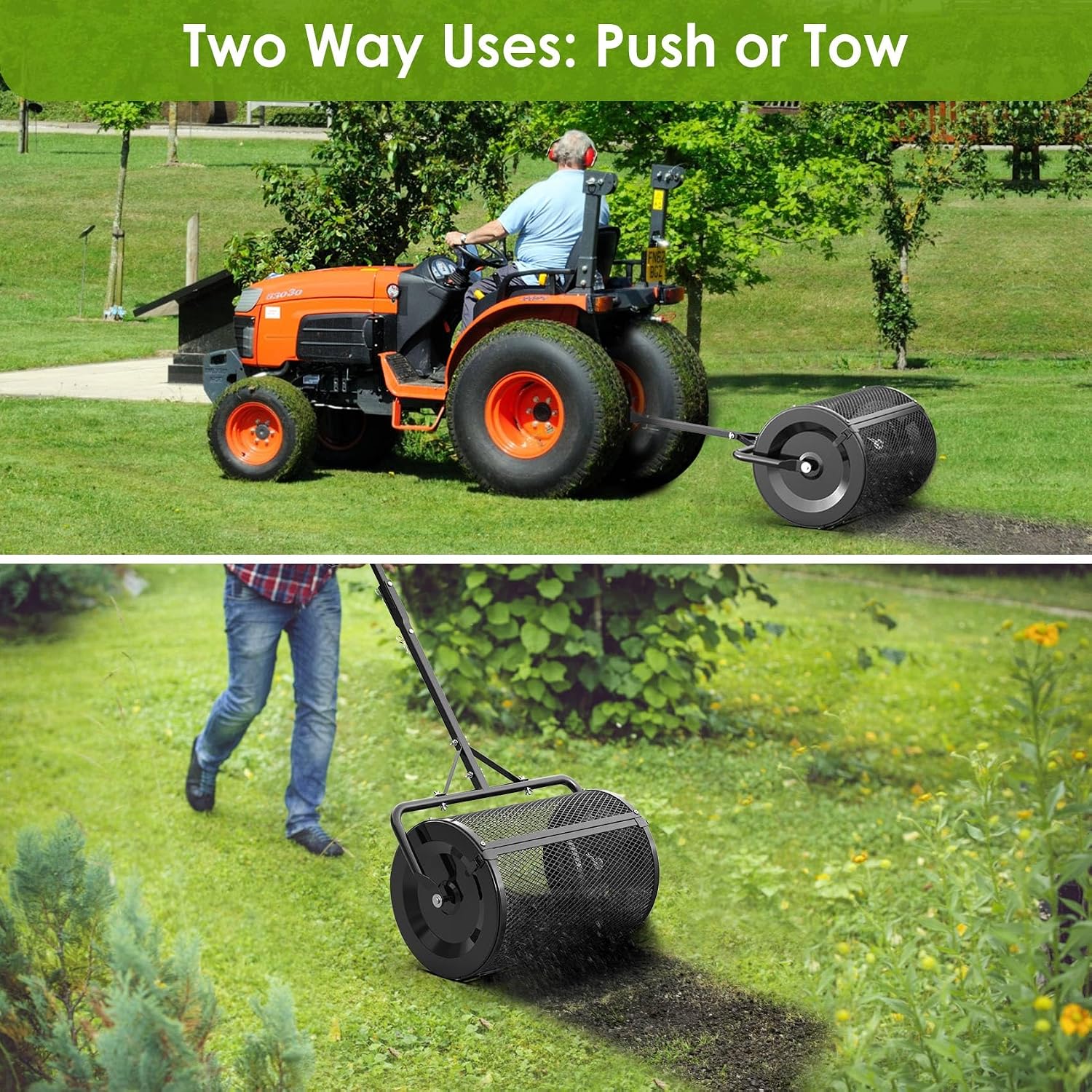 Seeutek Compost Spreader, 24" Peat Moss Spreader with 3 Heights | Push or Tow Top Soil Spreader W/Upgraded Side Latches Support Rod Powder Coated Metal Mesh Top Dressing Spreader for Lawn