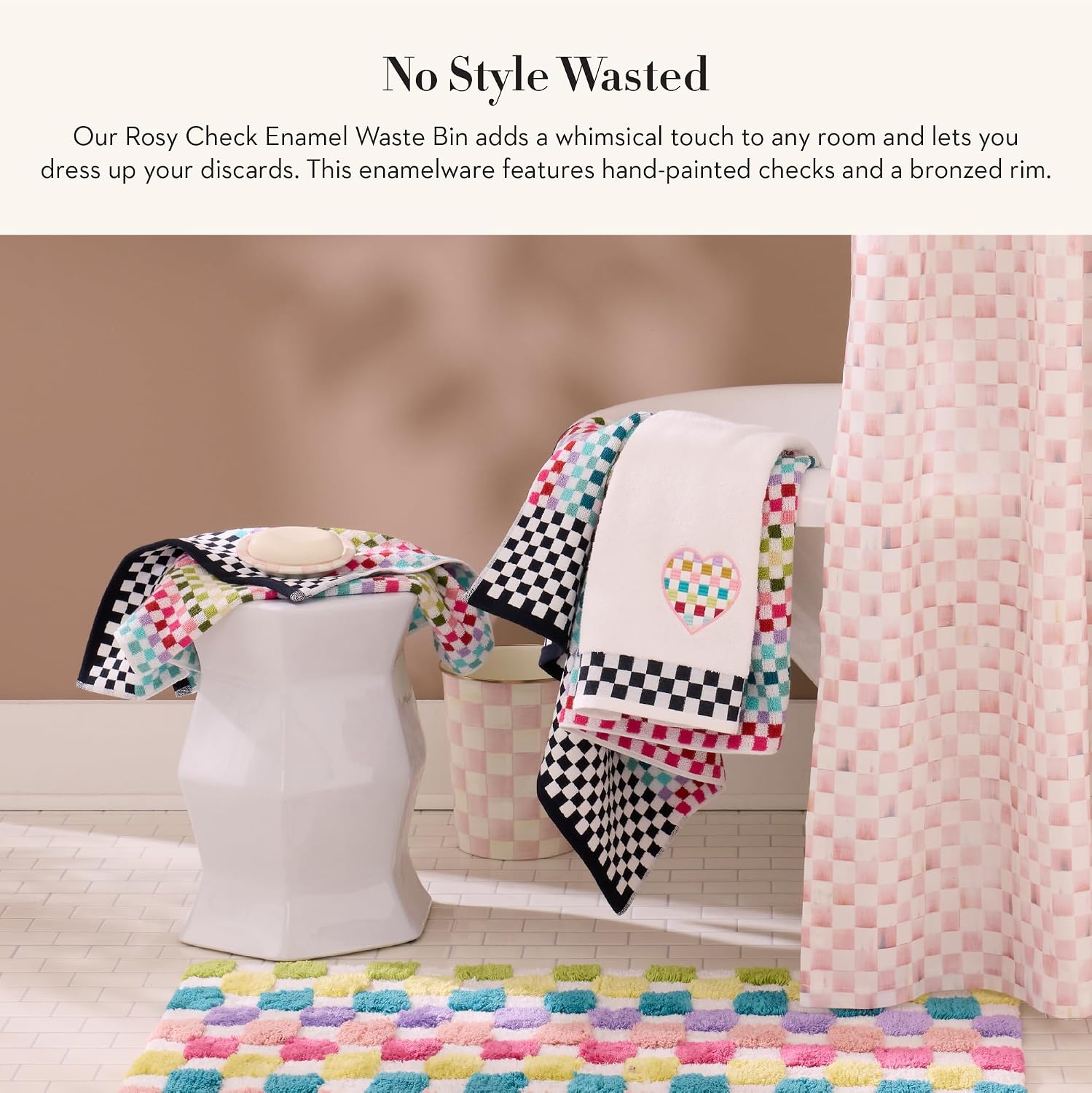 MACKENZIE-CHILDS Waste Bin, Black-and-White Courtly Check | Hand-painted design, made from enameled steel, decorative bedroom or bathroom trash can, 8" dia. x 9.5" H