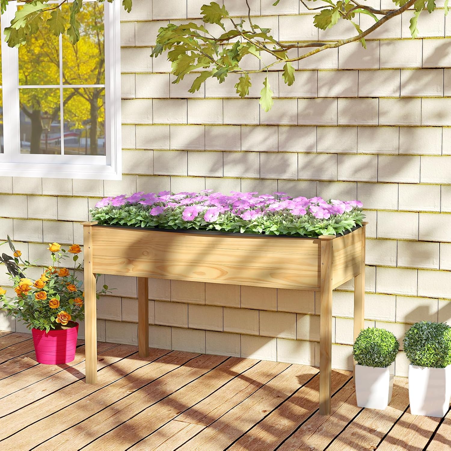 GIANTEX Raised Garden Bed on Wheels, Wood Planter Box with Legs, Liner, Drain Holes, Elevated Garden Bed for Vegetables