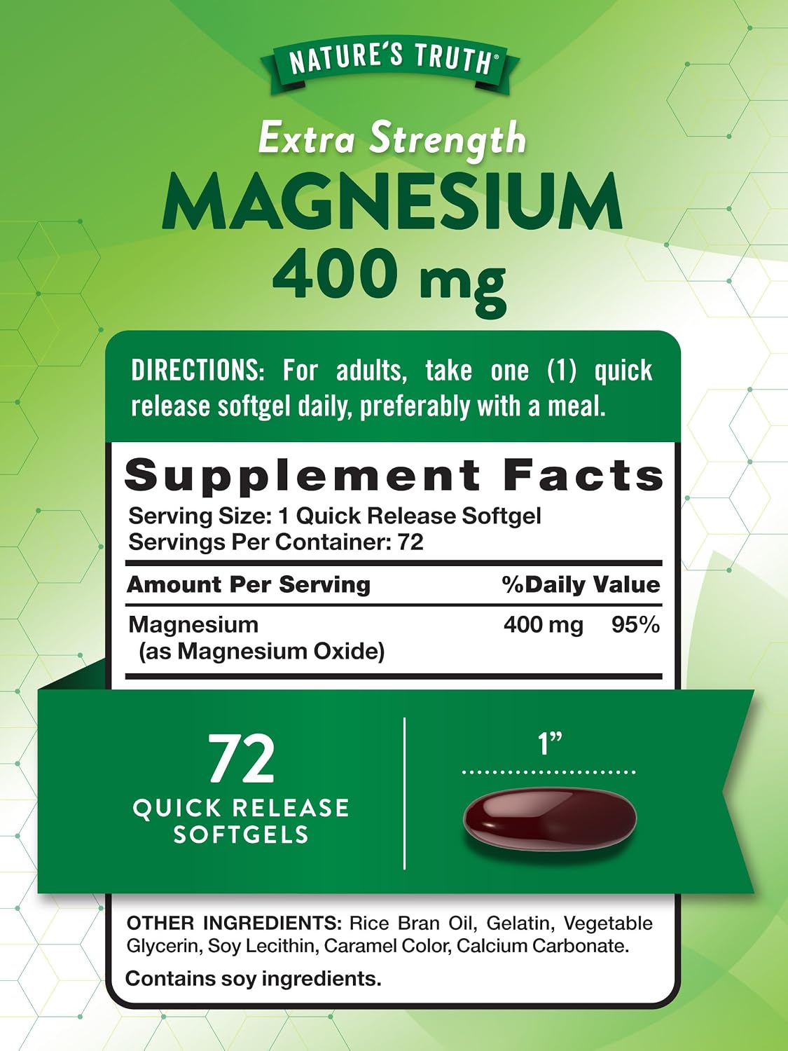 Nature's Truth Magnesium | 400mg | 72 Softgels | Value Size | Extra Strength | from Magnesium Oxide | Non-GMO and Gluten Free Supplement | Extra