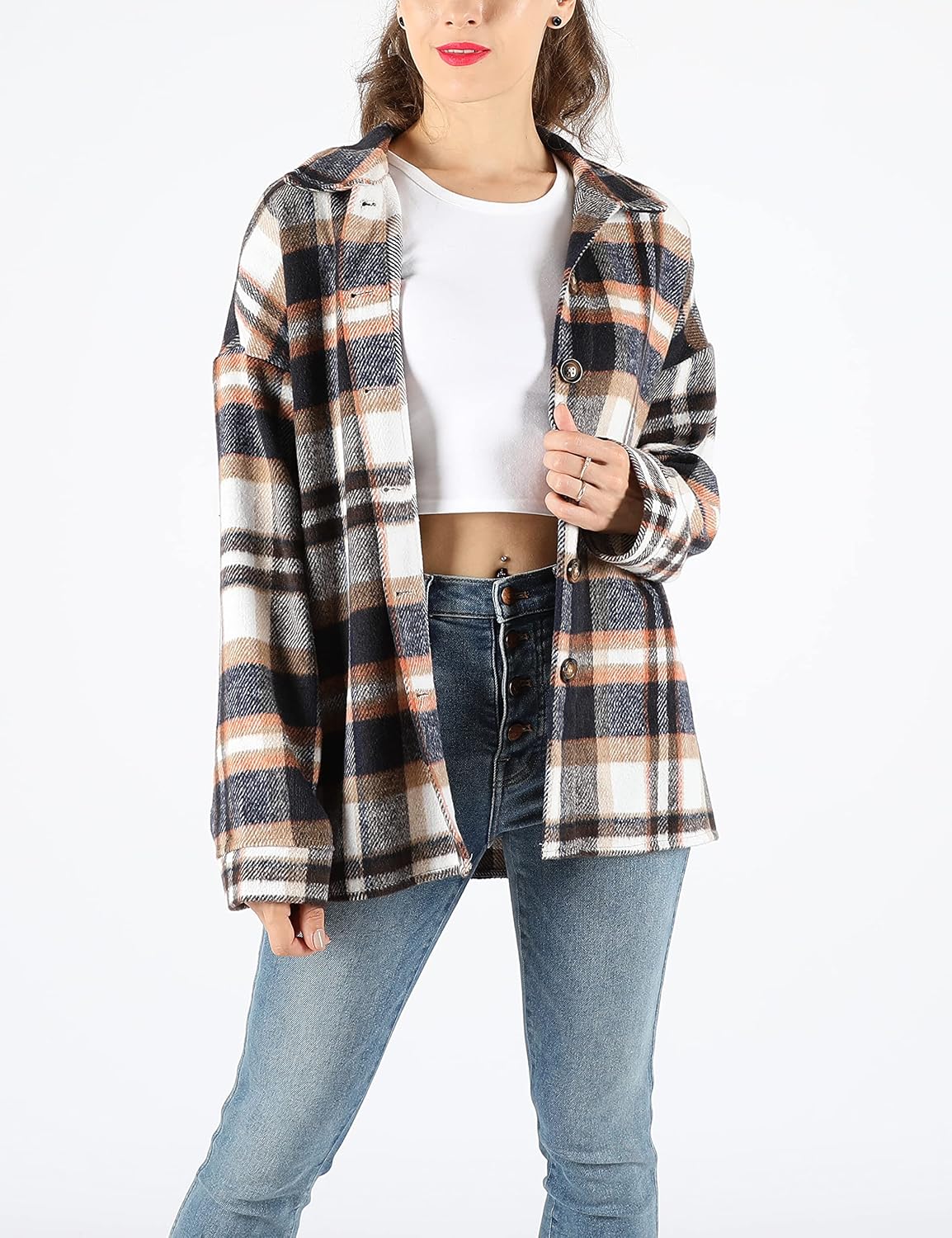 Yeokou Women's Plaid Flannel Shacket Oversized Button Down Long Sleeve Shirt Jacket Casual Spring Fall Outfits