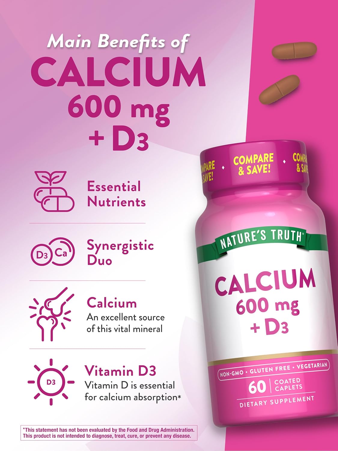 Nature's Truth Calcium 600 mg with Vitamin D3 | Coated Caplets | Calcium Carbonate | Vegetarian