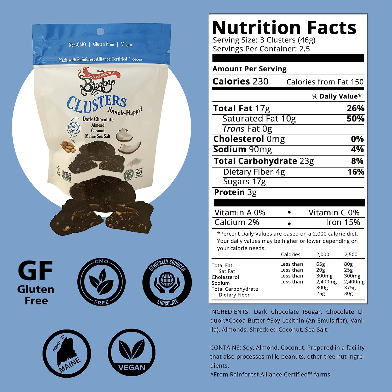 Bixby 6 Pack of Clusters Dark Chocolate Covered Almonds and Coconut | Kosher, Non-GMO