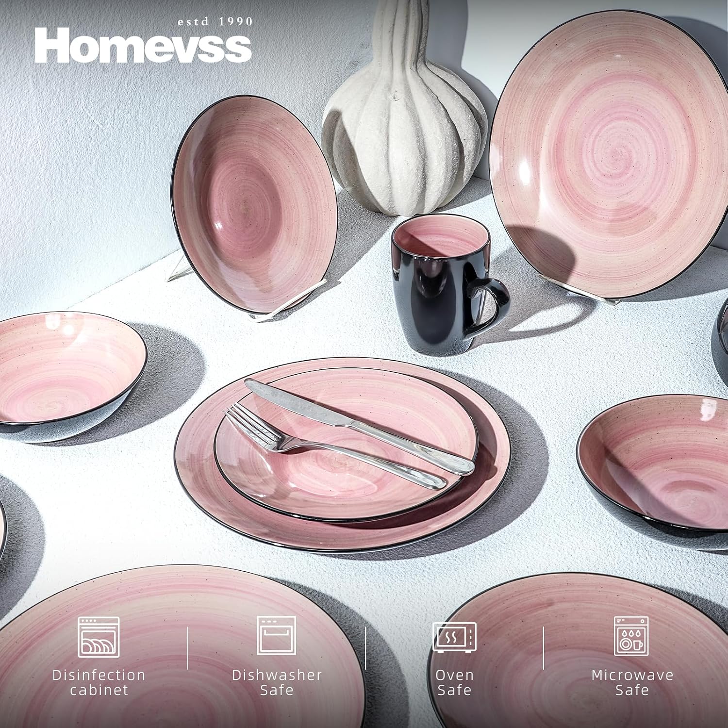 HomeVss, Sonoma Stoneware Dinnerware Set, Outside Black + Inside Hand Painting Color (16pc Set, Grey)