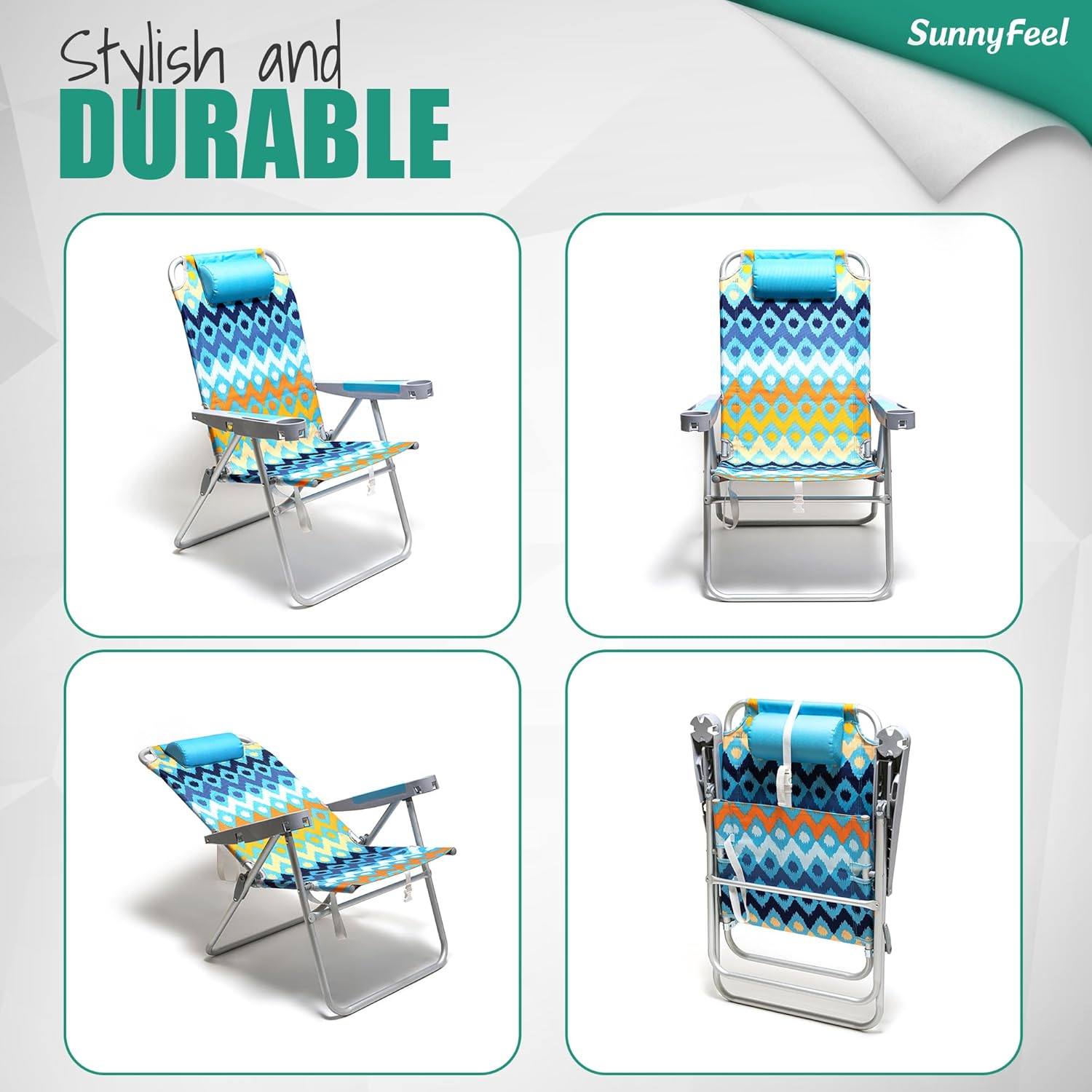SUNNYFEEL Oversized Tall Folding Beach Chair Lightweight, 17" Portable Sand Chair for Adults Heavy Duty 500 LBS with Cup Holders