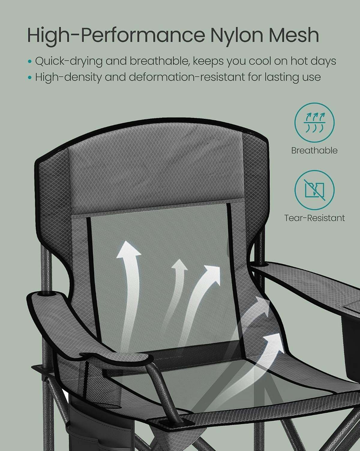 SONGMICS Camping Chair, Folding Oversized Chair, Comfortable and Heavy-Duty, 352 lb Weight Capacity, Adjustable Armrests with Cooler Bag, Storage Bag, Breathable Mesh, Bijou Blue UGCB060Q01