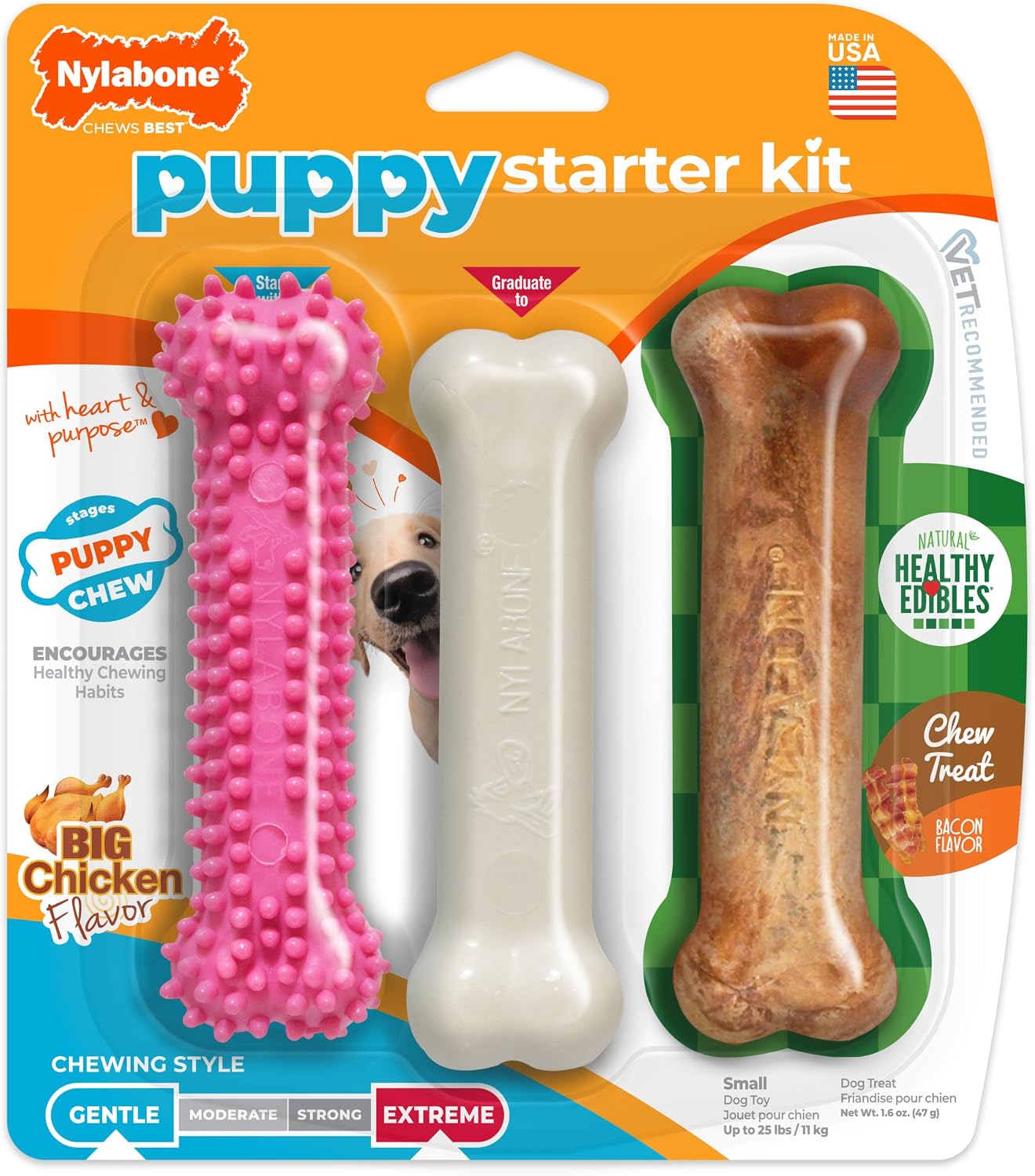 Nylabone Puppy Pacifier Chew Toy, Teething Toys for Puppies up to 25 lbs | Puppy teething toys with bacon flavor, soft material, textured nubs massage gums