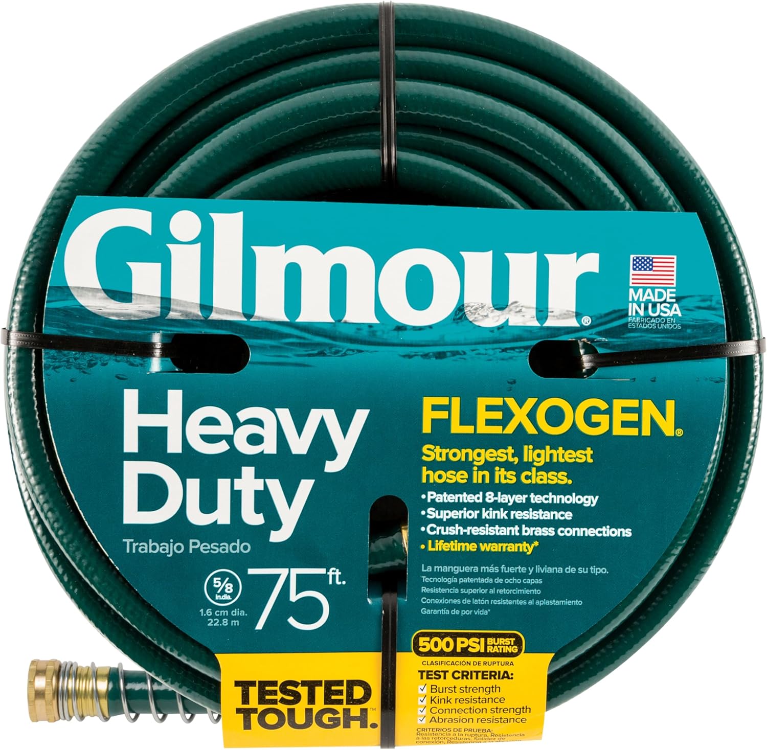 Gilmour 864751-1001 75ft Heavy Duty Flexogen Garden Hose, 5/8" Diameter | Heavy Duty Build, 500 PSI, Kink-Resistant Layers, Brass Fittings, All-Weather Durability, Made in USA