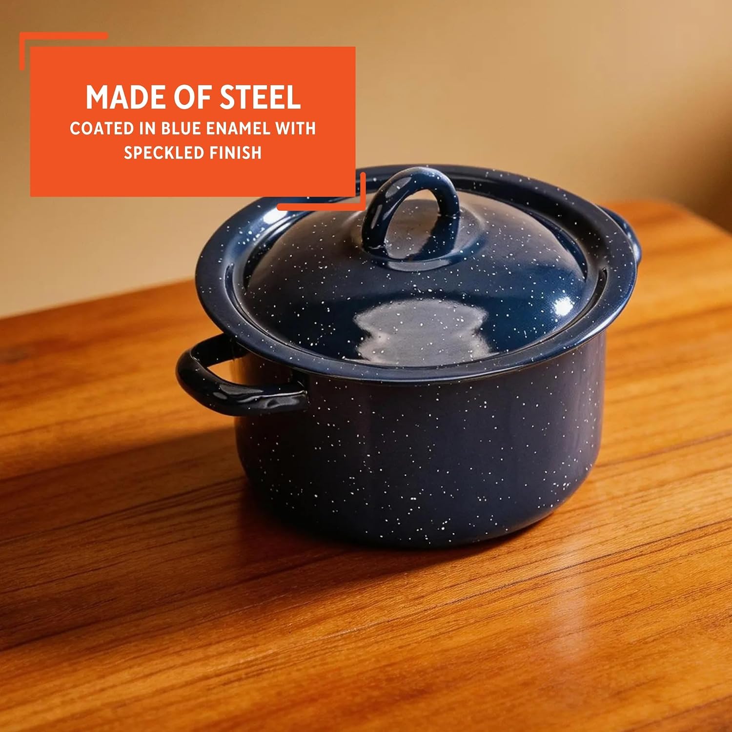 IMUSA USA C20666-1062810W Speckled Enamel Stock Pot with Lid, 4 Quart, Blue | Speckled Enamel Finish, Durable Steel Construction, Ideal for Soups and Stews, Great for Everyday Family Meals