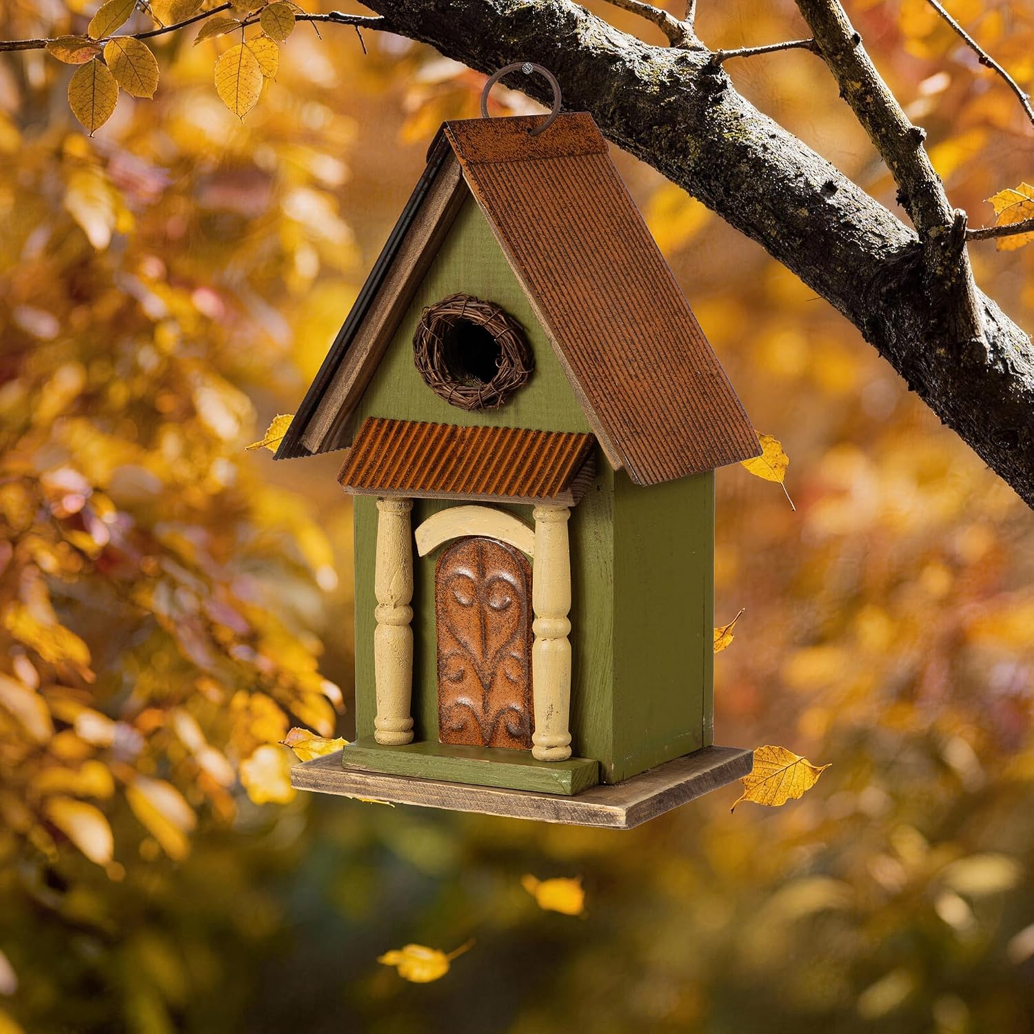 Glitzhome Bird Houses for Outside,10" H Rustic Wooden Bird House Garden Distressed Decorative Birdhouse for Outdoors, Hanging Birdhouse for Bluebird Hummingbird Wren Finch Cardinals Cedar