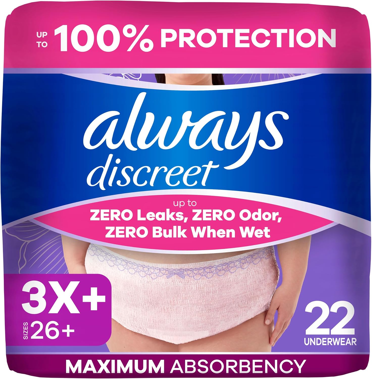 Always Discreet Adult Diapers for Women, Incontinence Underwear, Postpartum Essentials, Disposable Briefs, Max Absorbency, Bladder Leak Protection, Small/Medium, 32ct